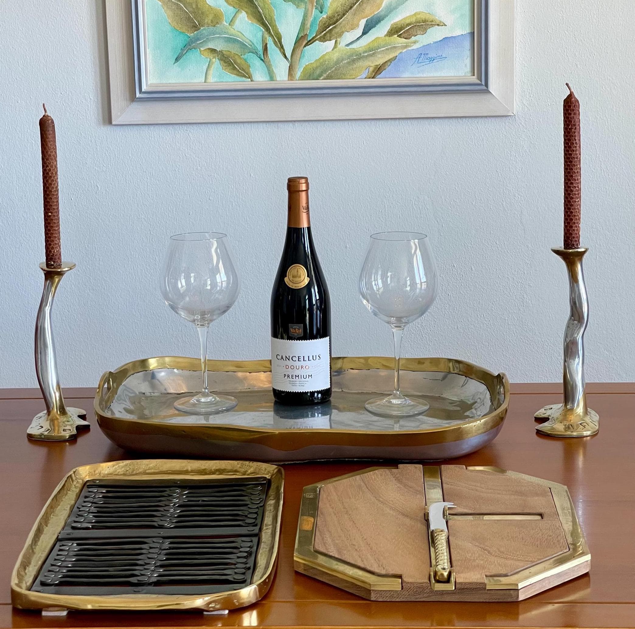 David Marshall Brutalist Entertainer Set, Solid Brass & Aluminum Tray Trivet Cheese Board Candlesticks - Thumbnail 2