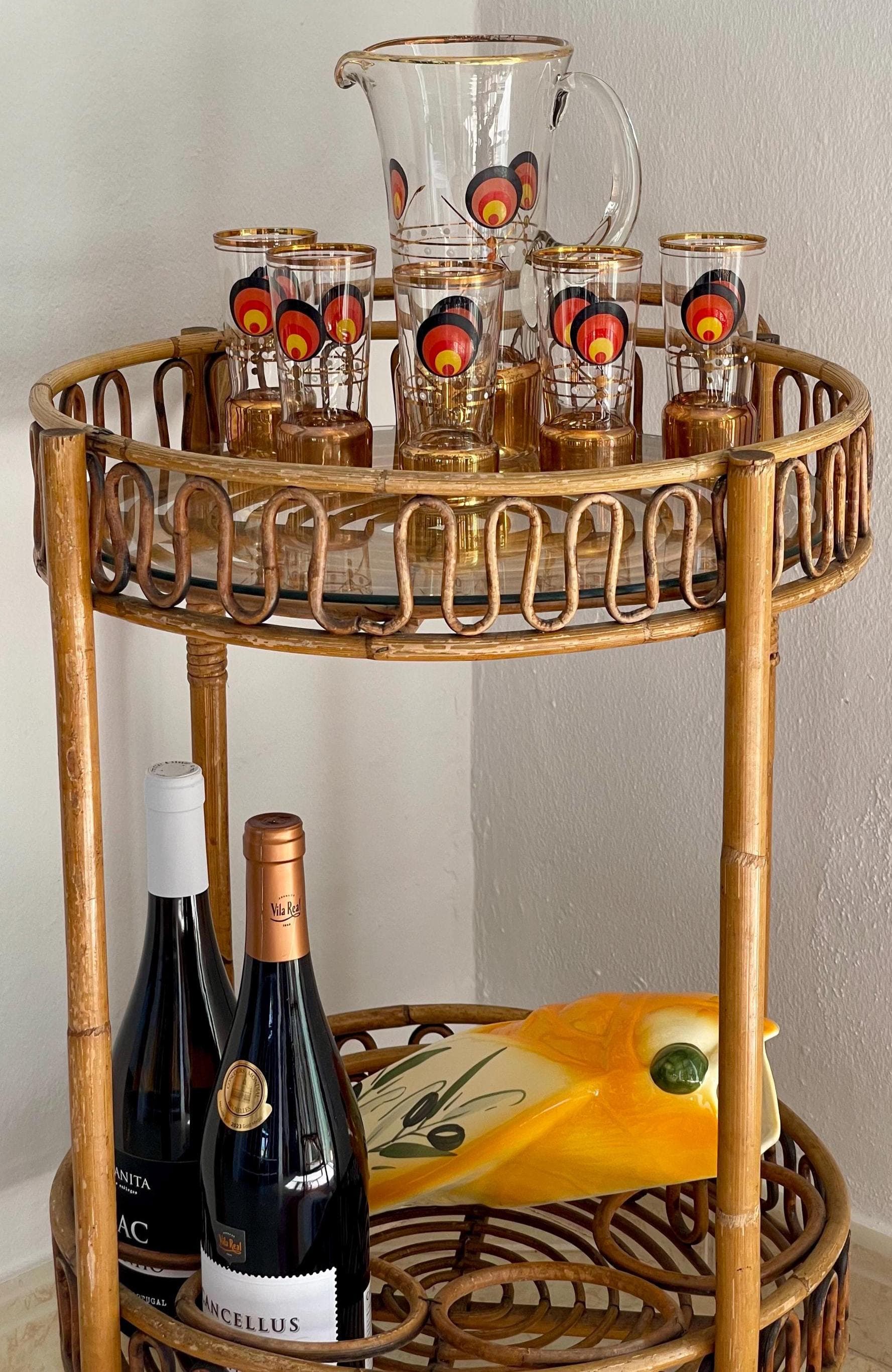 Vintage MCM Cocktail Set, 1960s Glass Pitcher & 5 Shot Glasses, Gold Base Barware - Thumbnail 11