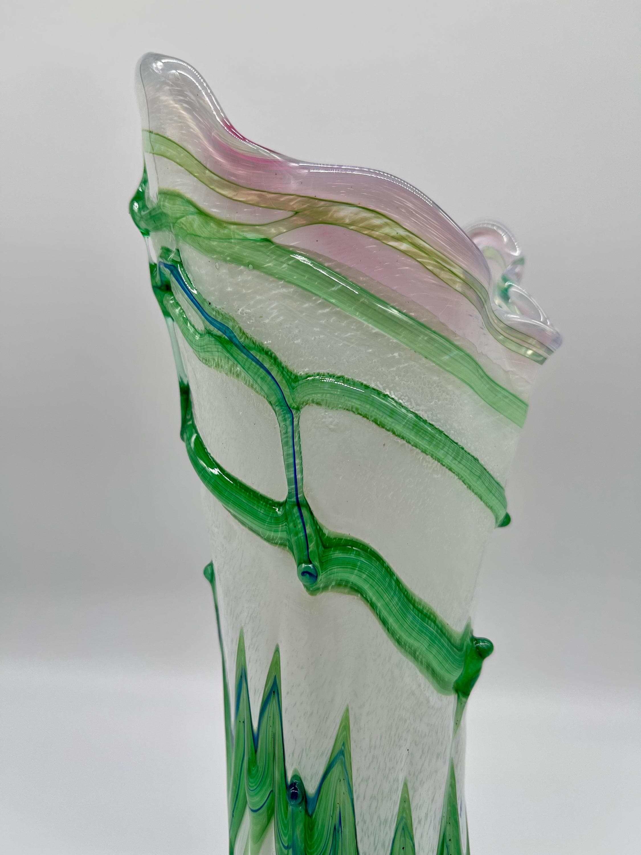 Vintage Murano Fenicio Glass Vase, Green White Pulled Feather Jack-in-the-Pulpit - Thumbnail 12