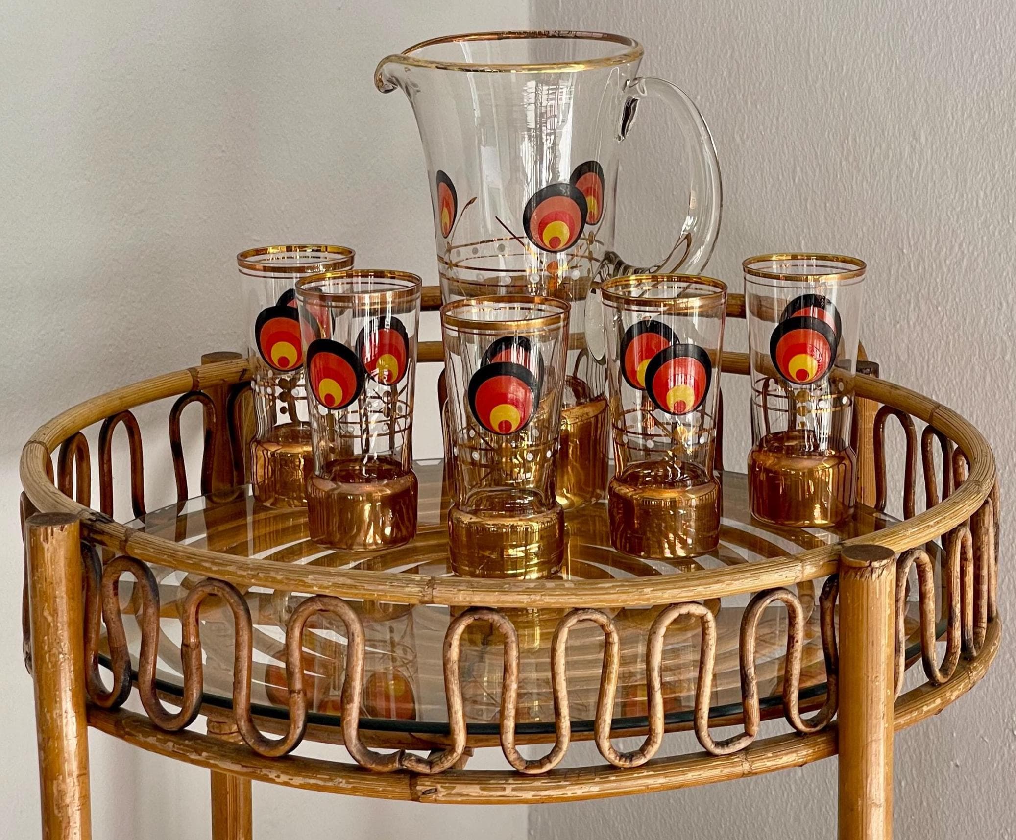Vintage MCM Cocktail Set, 1960s Glass Pitcher & 5 Shot Glasses, Gold Base Barware - Thumbnail 12