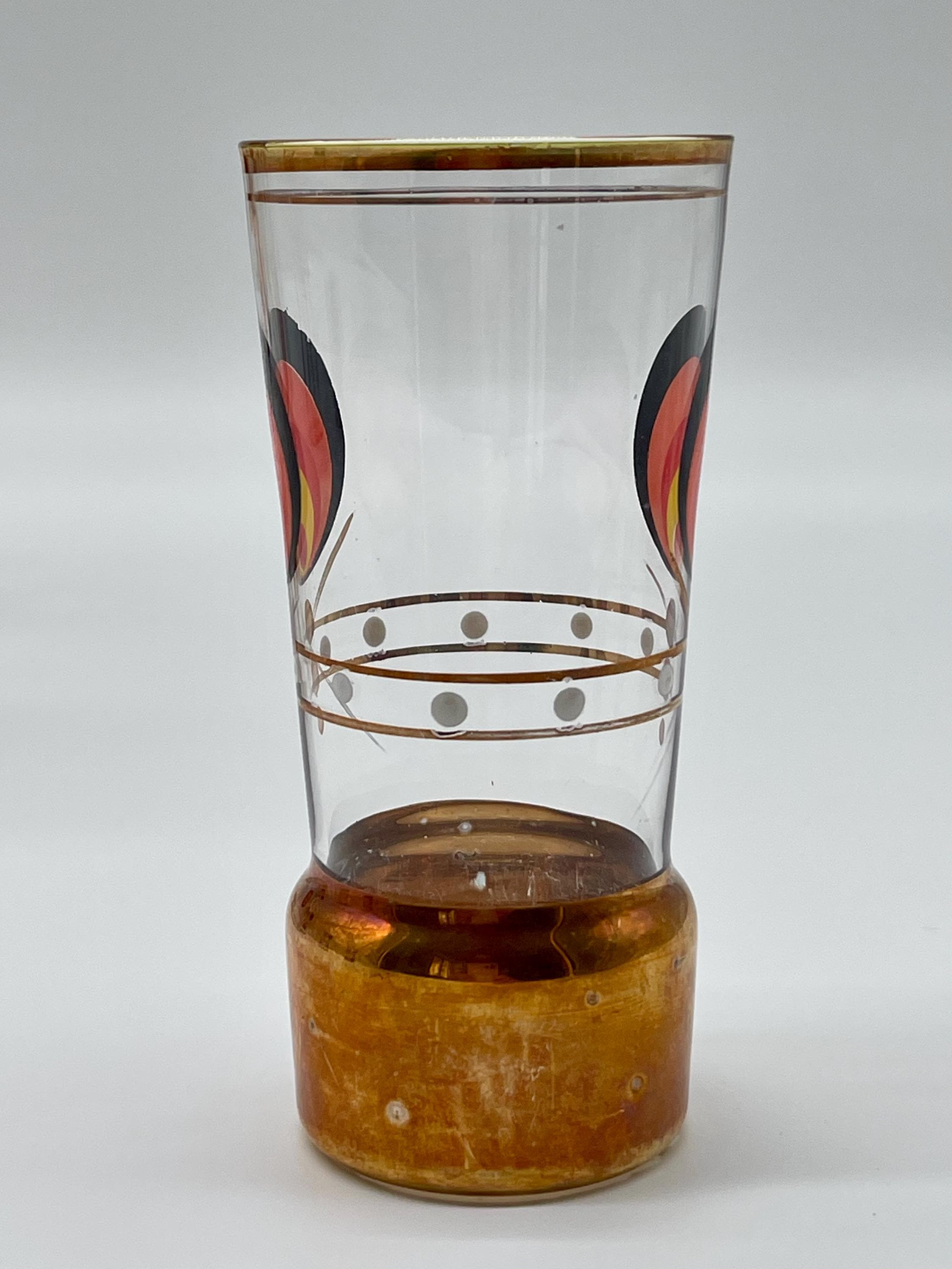 Vintage MCM Cocktail Set, 1960s Glass Pitcher & 5 Shot Glasses, Gold Base Barware - Thumbnail 8