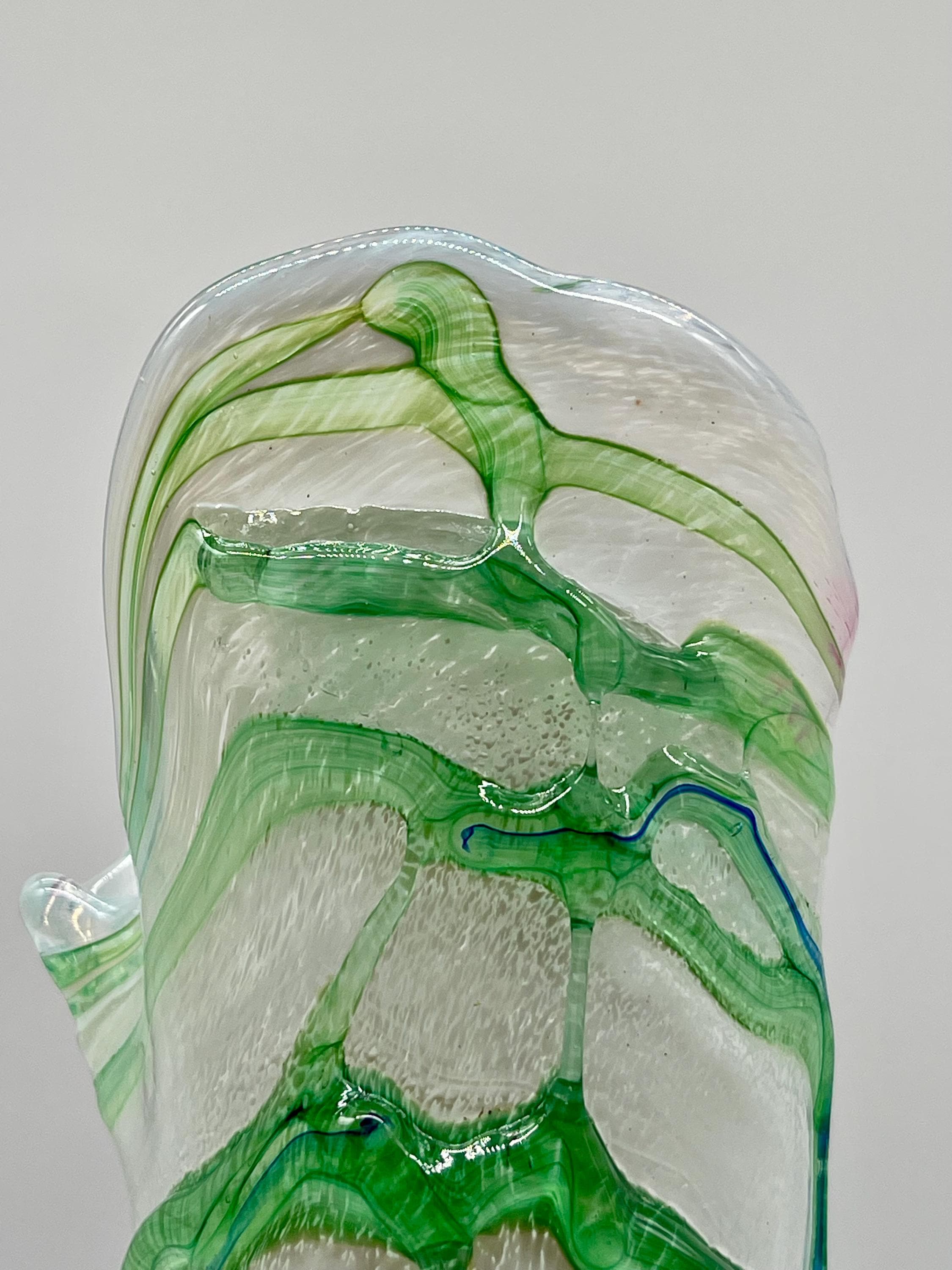 Vintage Murano Fenicio Glass Vase, Green White Pulled Feather Jack-in-the-Pulpit - Thumbnail 8