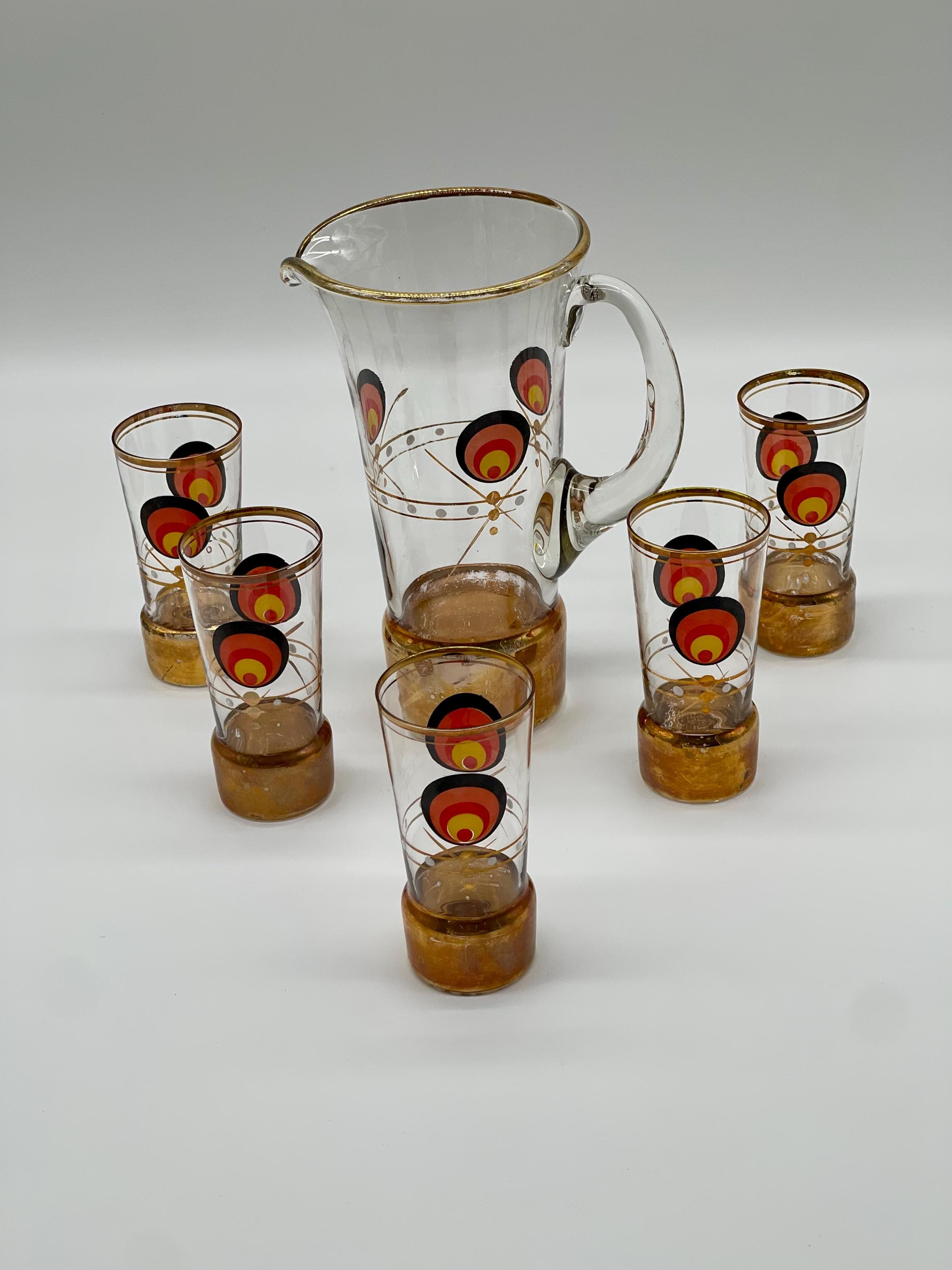 Vintage MCM Cocktail Set, 1960s Glass Pitcher & 5 Shot Glasses, Gold Base Barware - Thumbnail 2