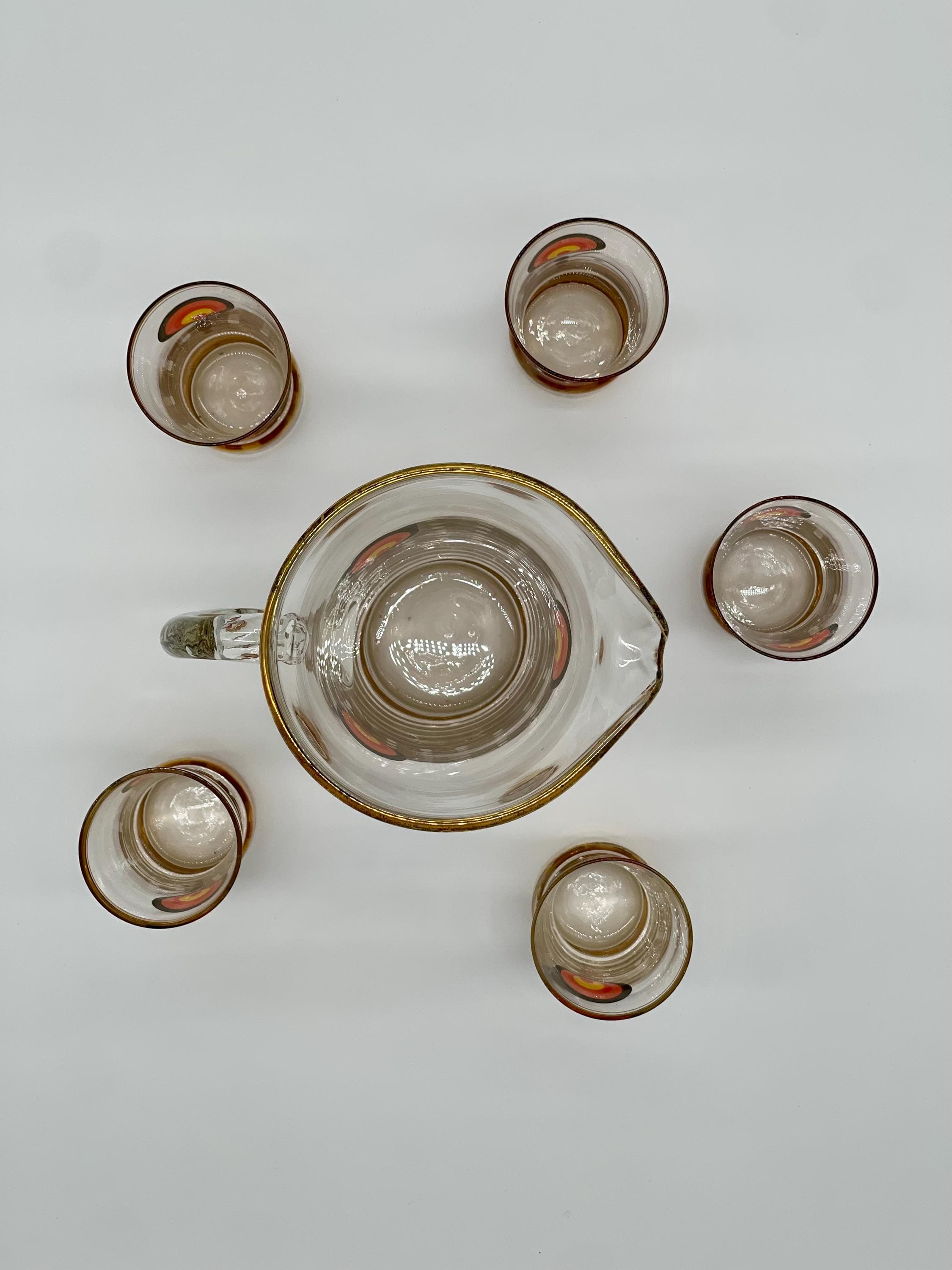 Vintage MCM Cocktail Set, 1960s Glass Pitcher & 5 Shot Glasses, Gold Base Barware - Thumbnail 6