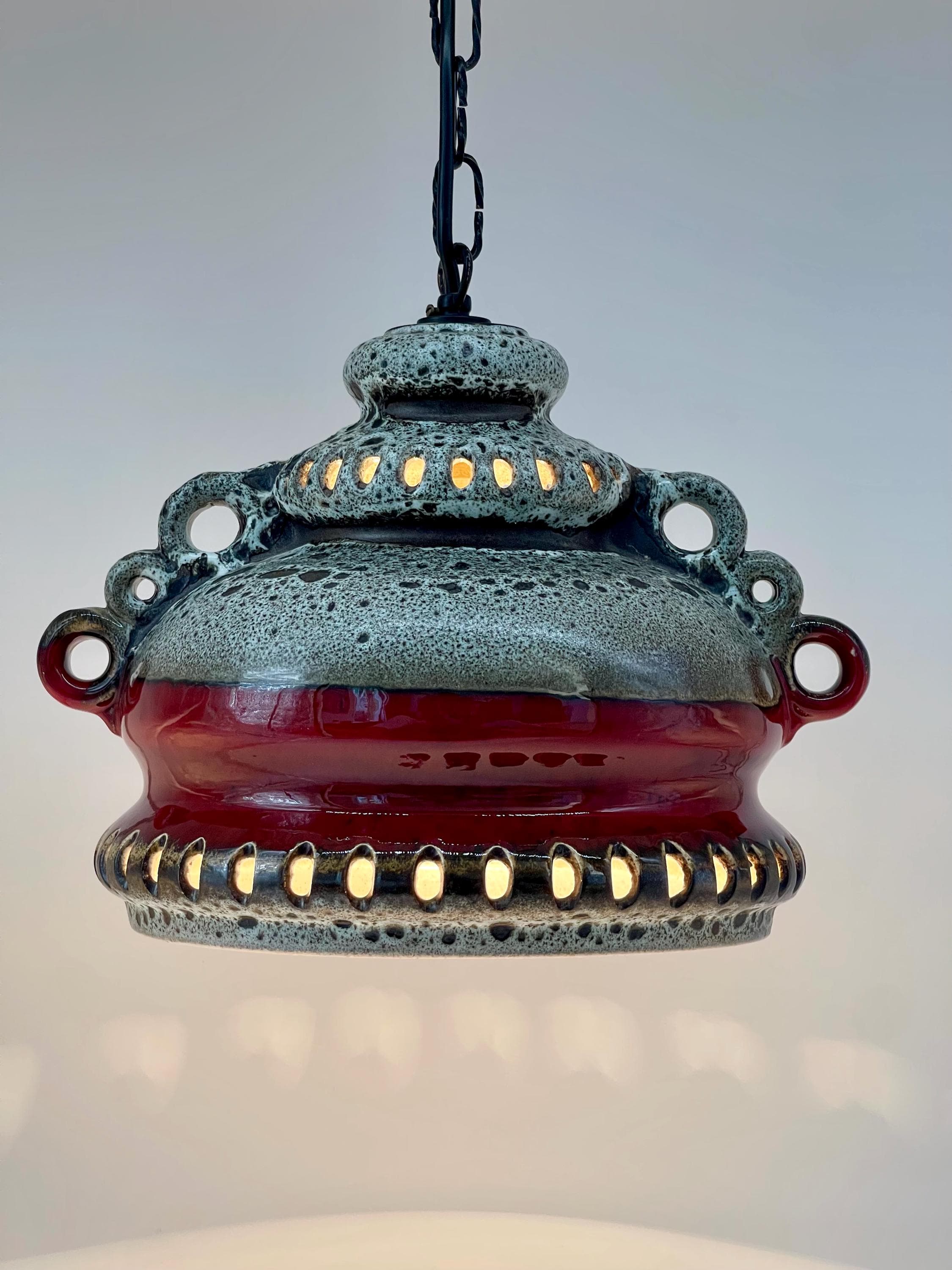 Vintage Fat Lava Ceramic Pendant Light, 1970s West German Pottery UFO Lamp - Thumbnail 2