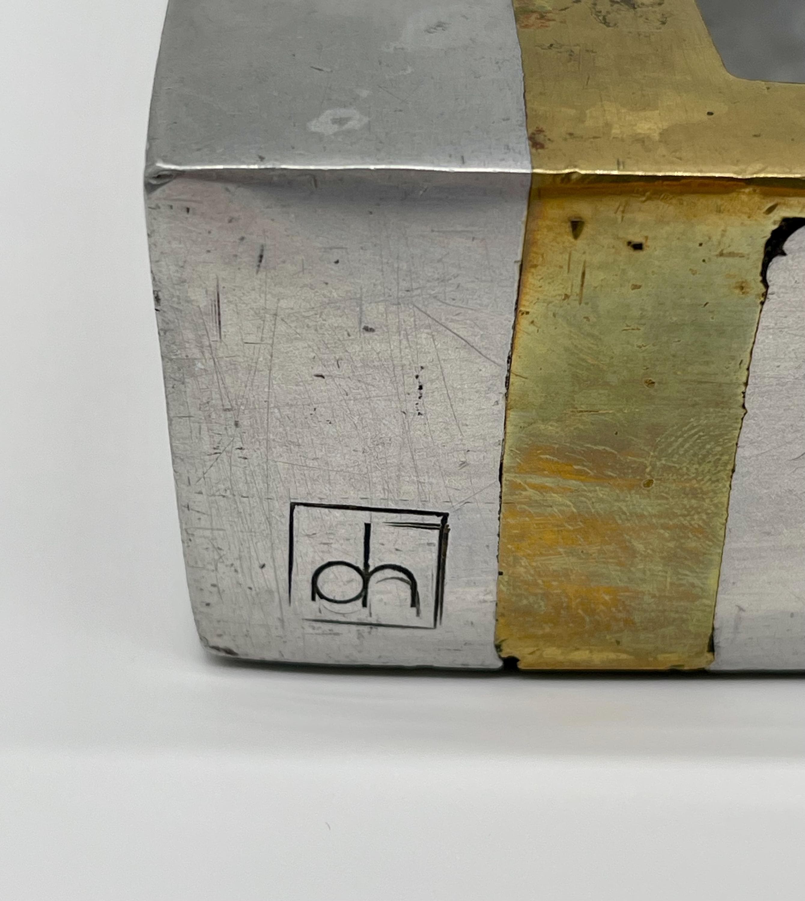 David Marshall Signed Solid Aluminum & Brass XL Ashtray, 1980s Spanish Brutalist Executive Decor - Thumbnail 3