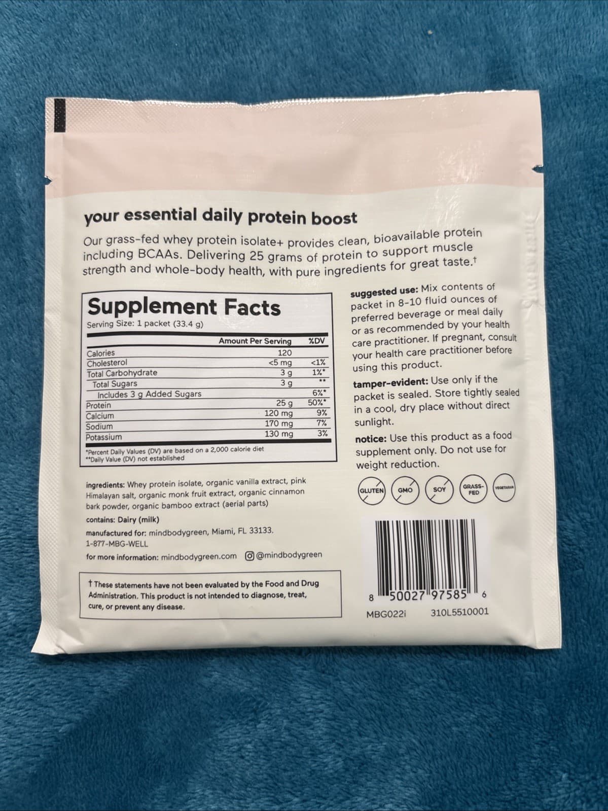MindBodyGreen Grass-Fed Whey Protein Isolate+ VANILLA Powder 1.2 Oz Per Bag - Thumbnail 2