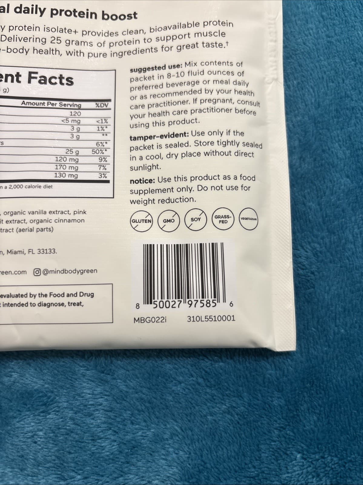 MindBodyGreen Grass-Fed Whey Protein Isolate+ VANILLA Powder 1.2 Oz Per Bag - Thumbnail 3