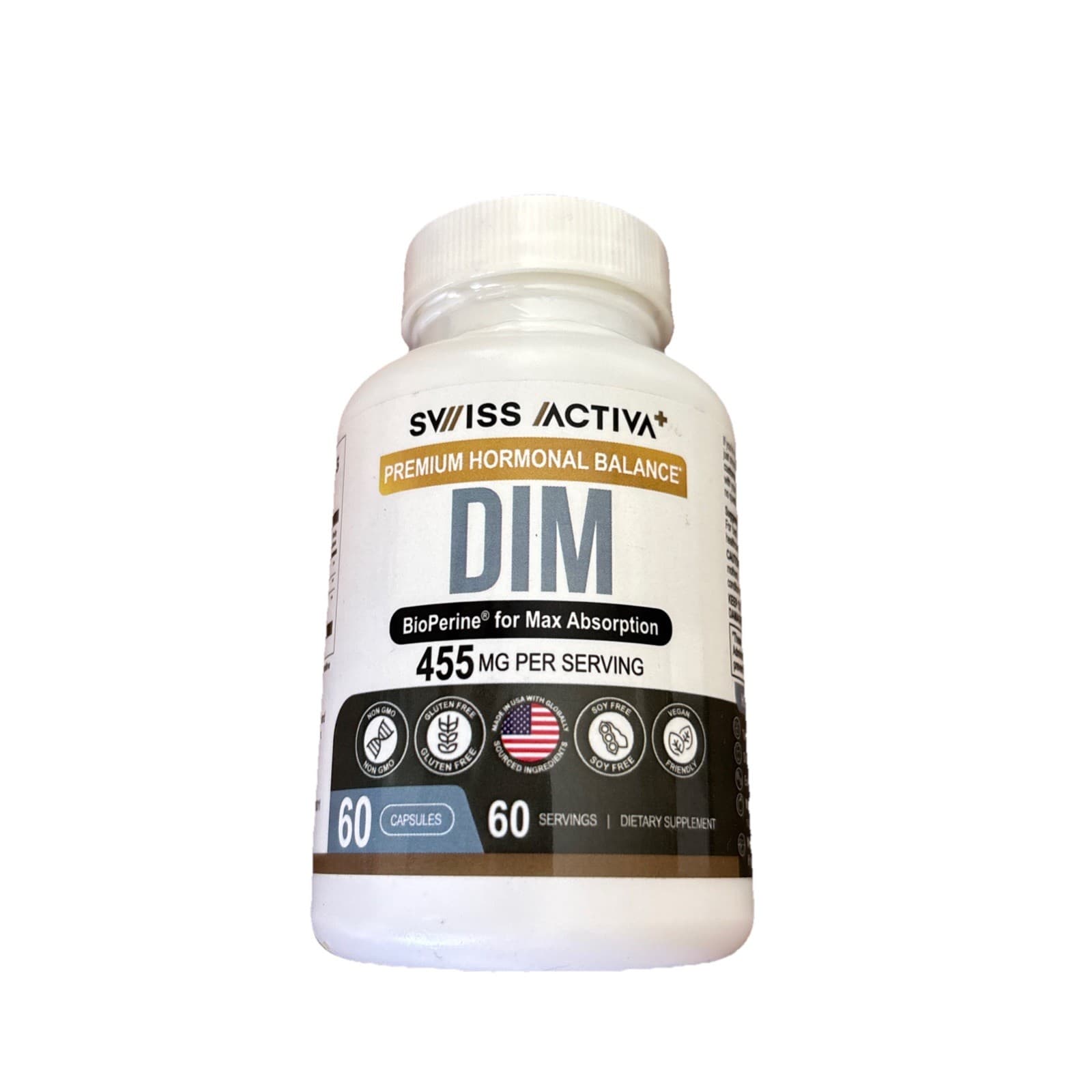 Swiss Activa+ DIM 455mg Hormonal Balance Supplement BioPerine 60 Vegan Capsules