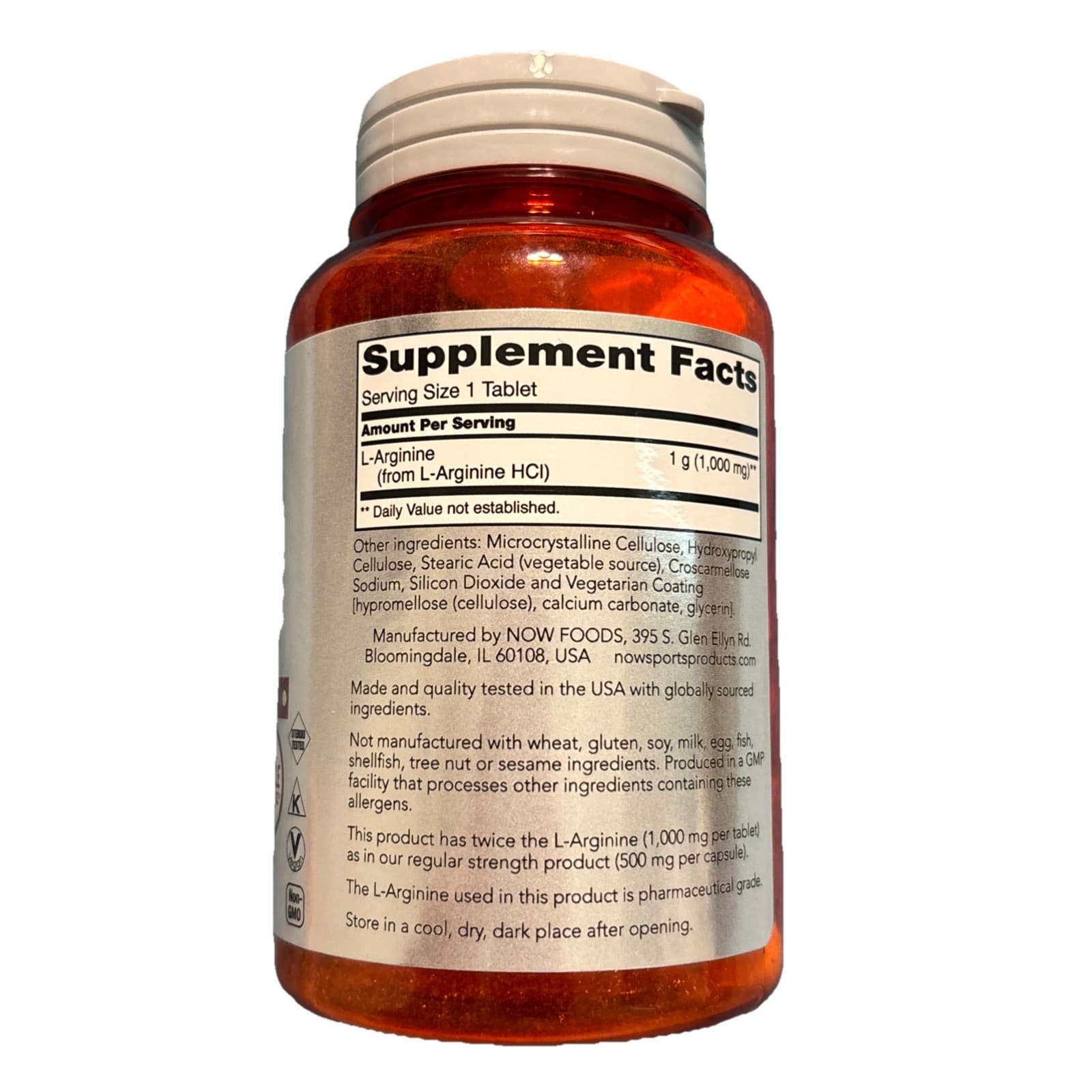 NOW L-Arginine 1000 mg Double Strength 60 Tabs Amino Acids Nitric Oxide Boost - Thumbnail 2