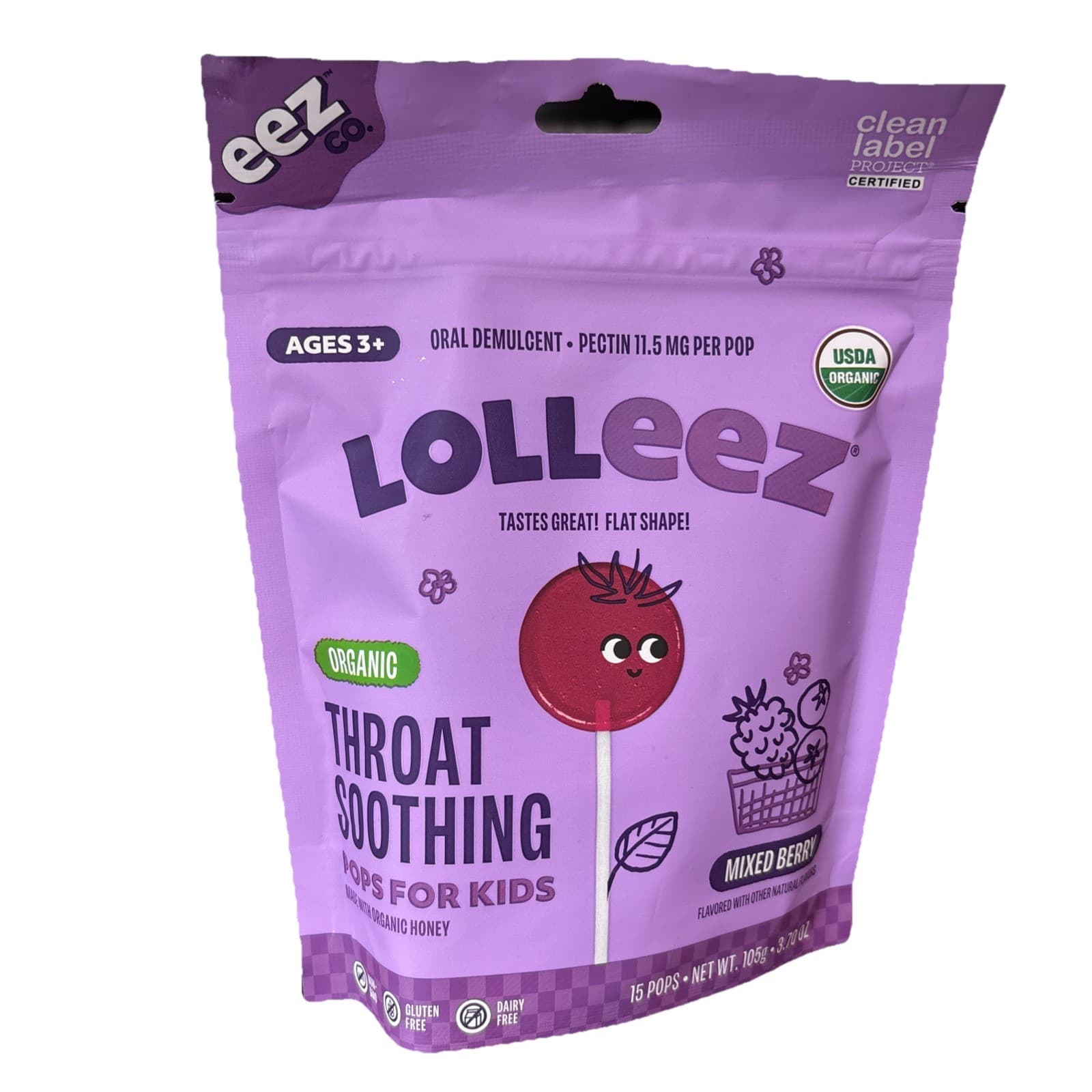 Lolleez Throat Soothing Pops Kids Mixed Berry 15 Pops Gluten Free Non-GMO