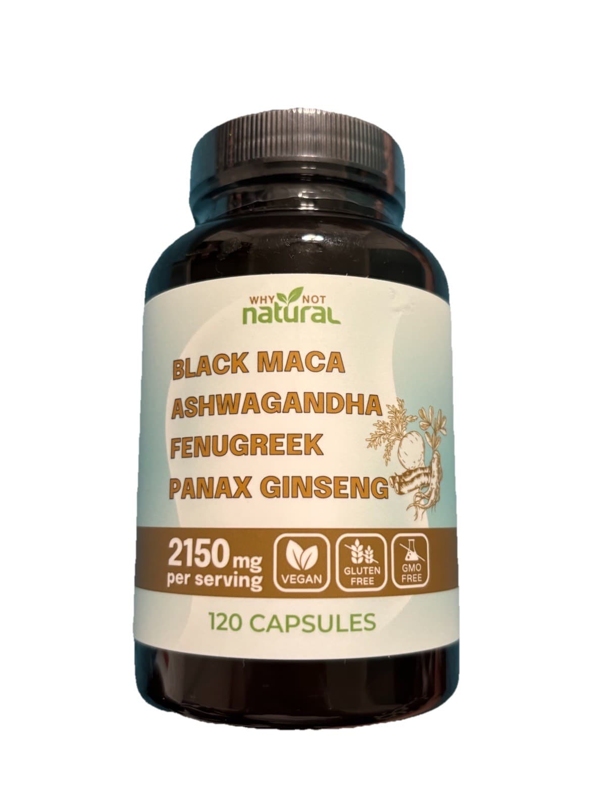 Why Not Natural Black Maca Ashwagandha Fenugreek Panax Ginseng 2150mg 120 Vegan