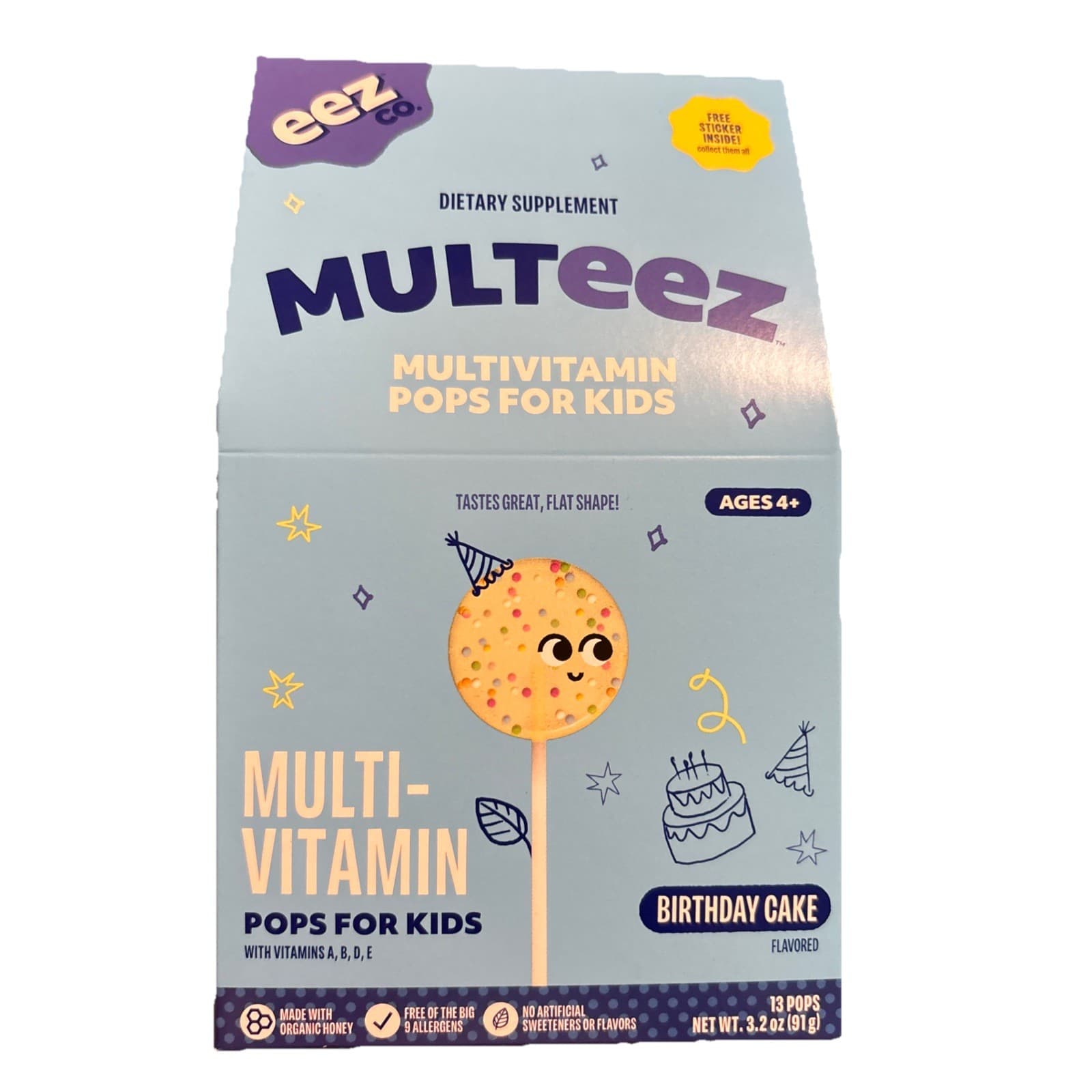Lolleez Multeez by EEZ Co. Multivitamin Pops for Kids, Birthday Cake, 13ct
