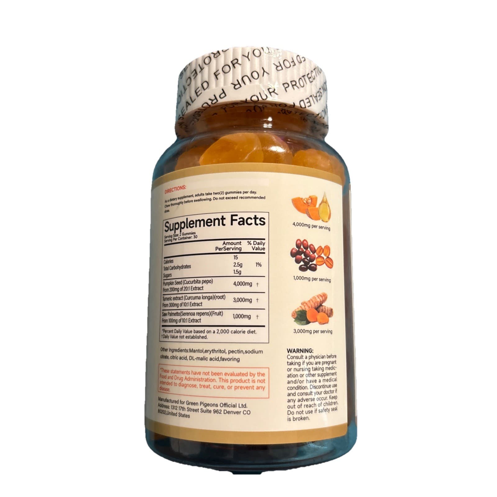 Turmeric Curcumin Pumpkin Seed Oil Gummies-Saw Palmetto 60 Ct High Absorption - Thumbnail 2