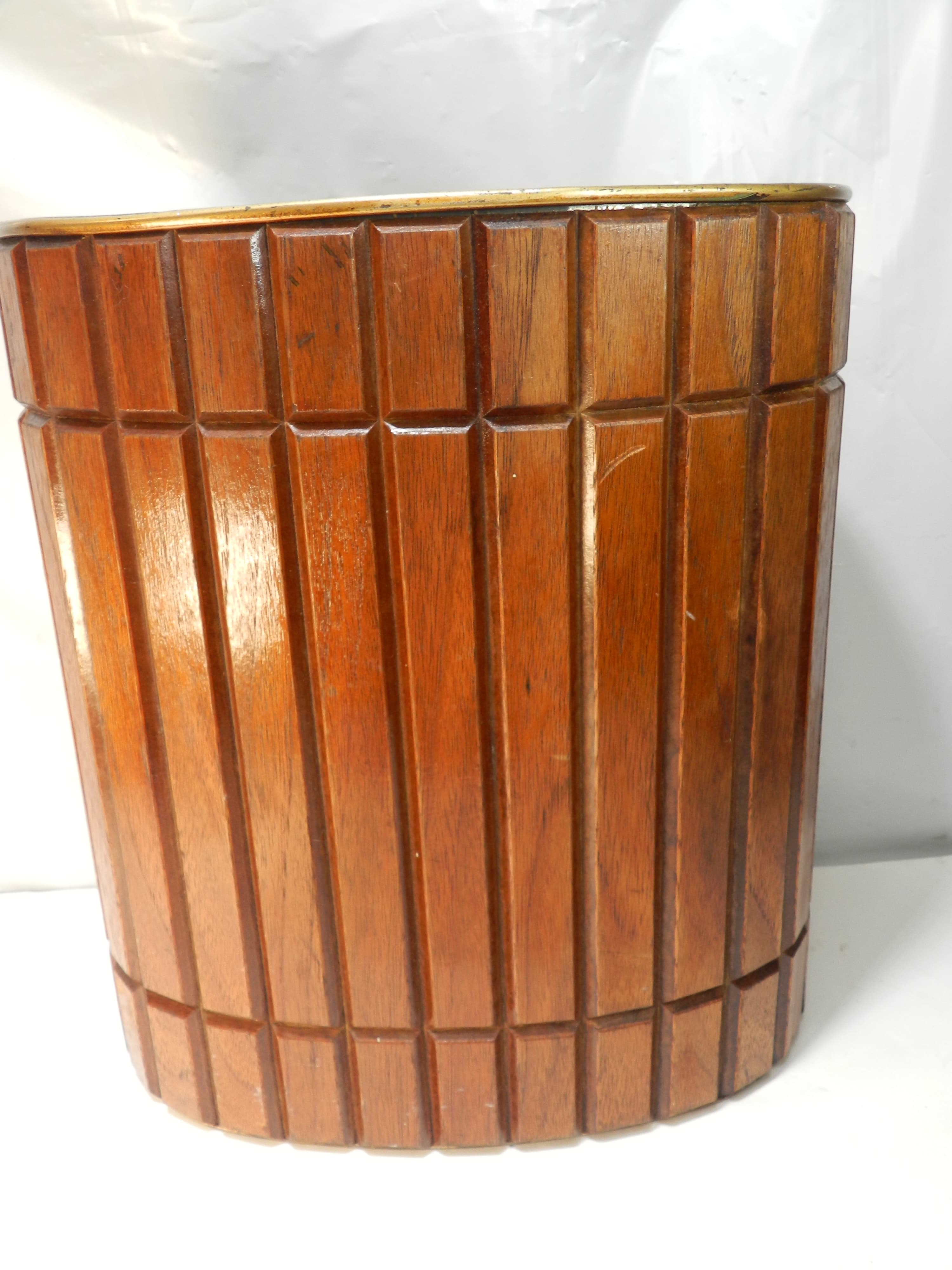 VTG 60s National Products MCM Walnut Wood/Metal Oval Trash Waste Can 12x10 P74K