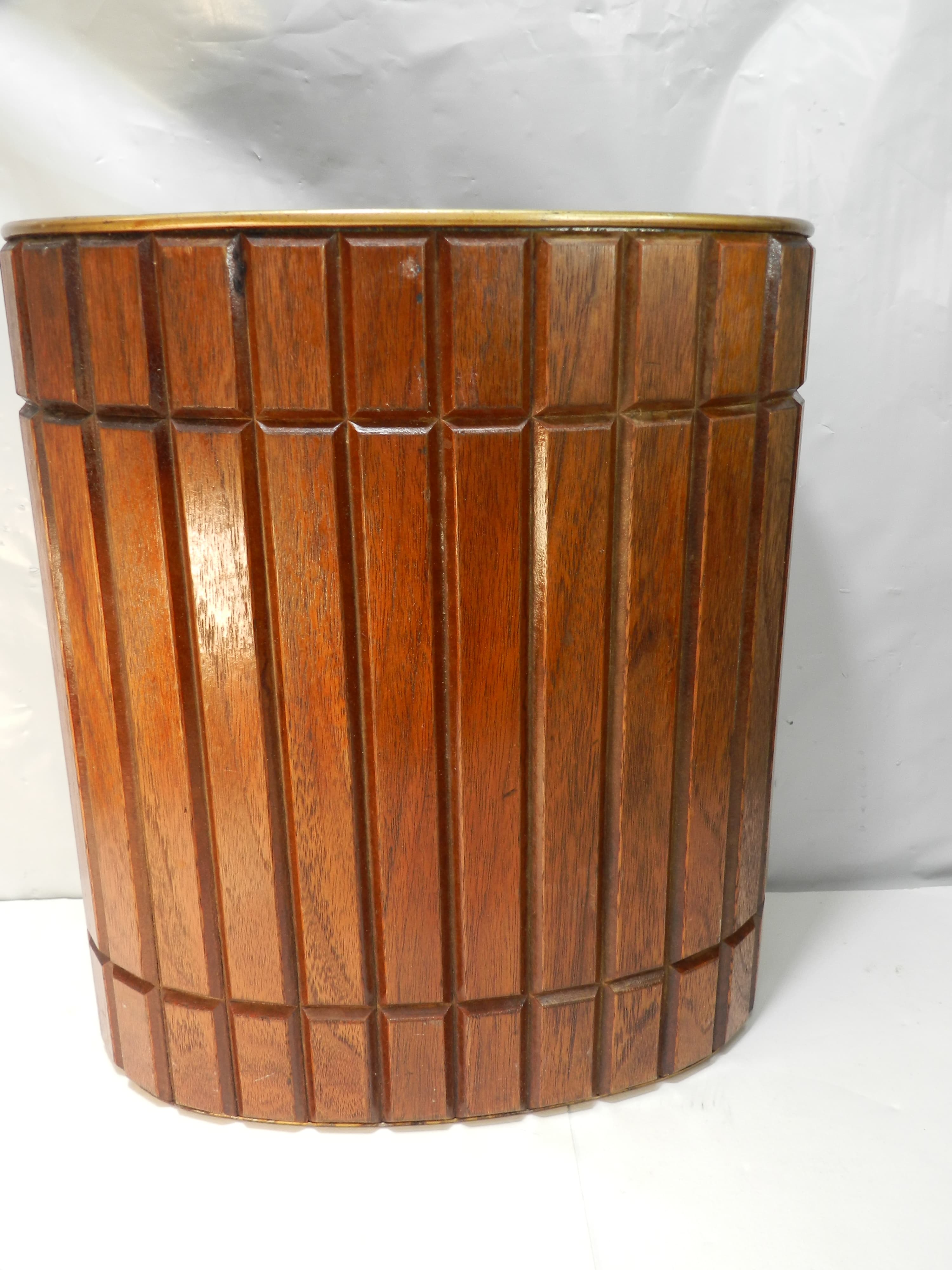 VTG 60s National Products MCM Walnut Wood/Metal Oval Trash Waste Can 12x10 P74K - Thumbnail 12