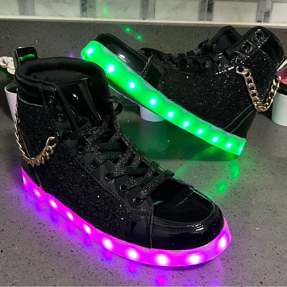 BosenHulu Black Glitter High-Top Sneakers w/ LED Lights - Thumbnail 2