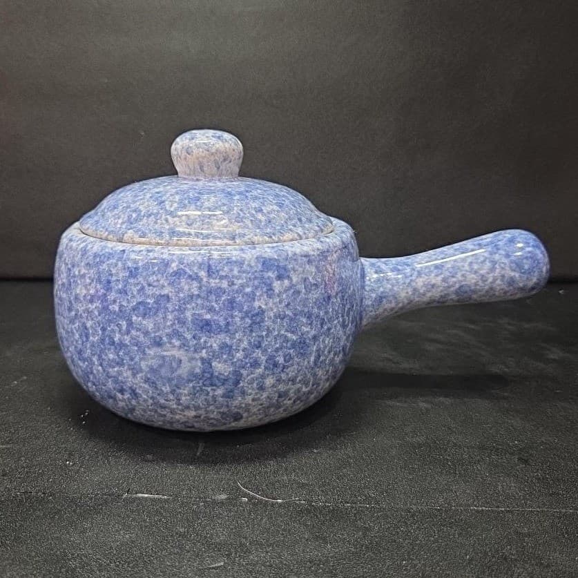 Stoneware Individual Serving Soup Tureen, Blue Speckled Spongeware Crock Pot - Thumbnail 2