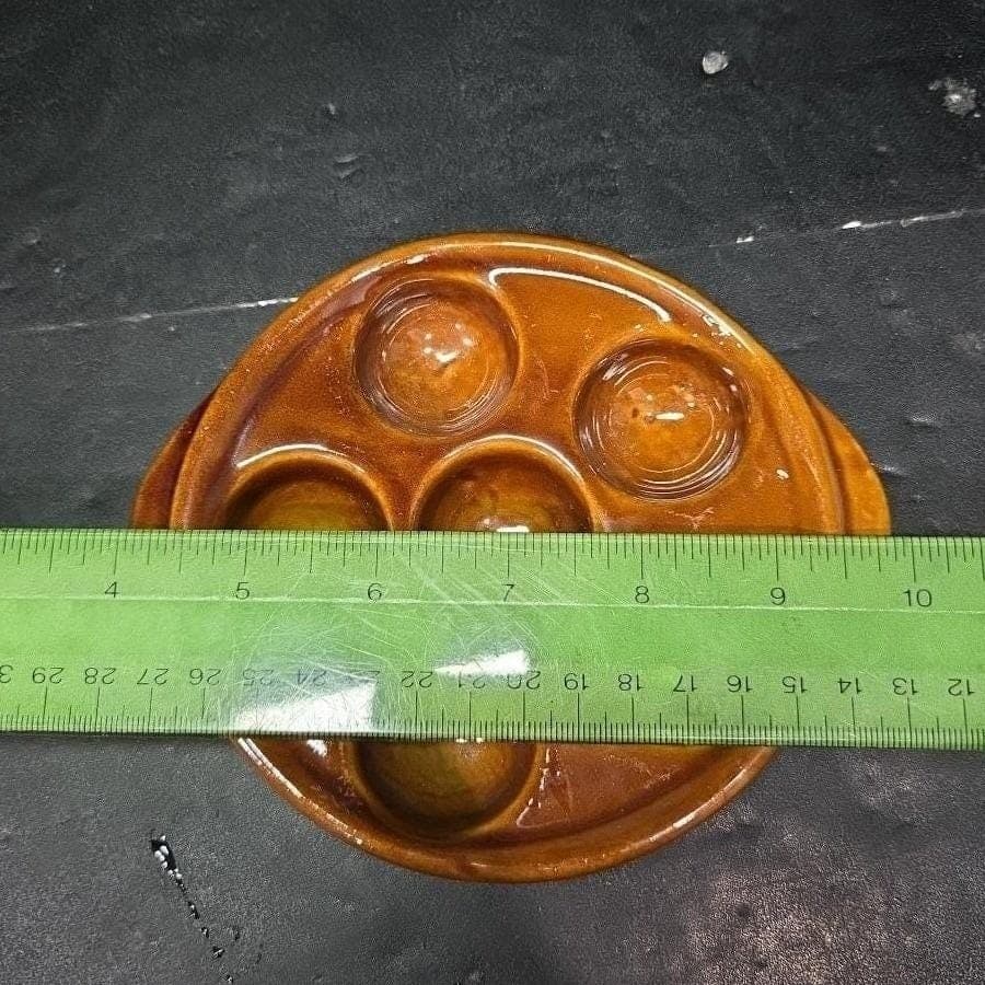 Brown Ceramic Escargot Plate, Vintage 6-Hole Serving Dish with Handles Tableware - Thumbnail 2