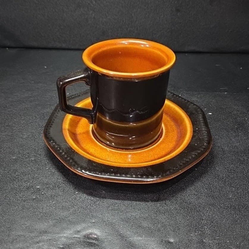 Sears Ironstone Coffee Cup & Saucer, Vintage Black and Amber Design Kitchenware - Thumbnail 2