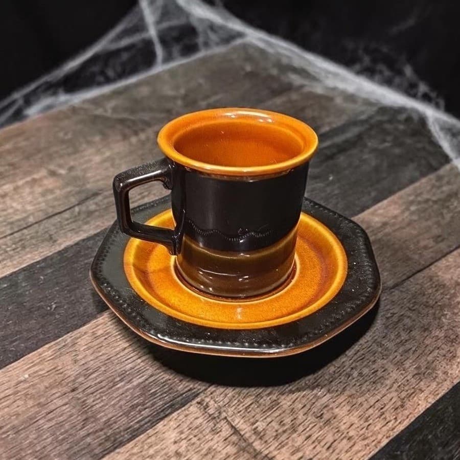 Sears Ironstone Coffee Cup & Saucer, Vintage Black and Amber Design Kitchenware