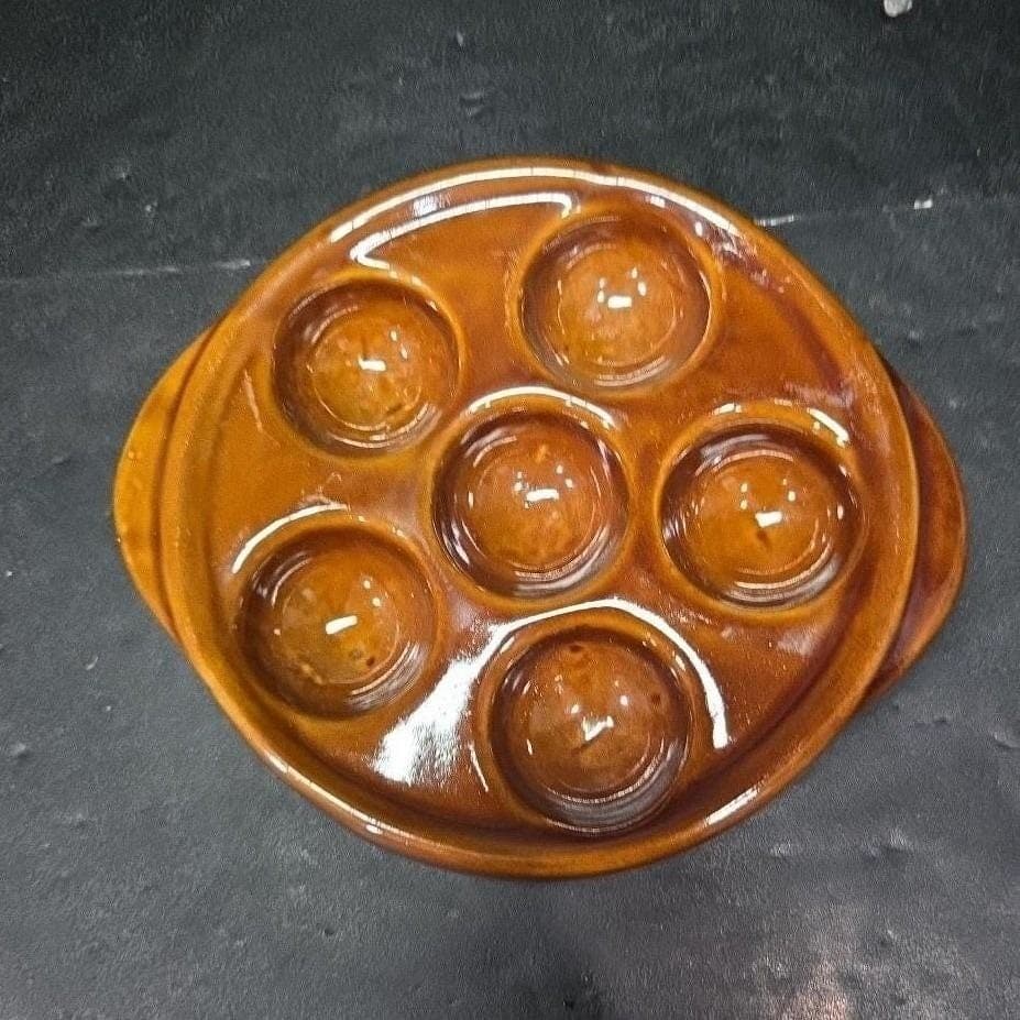 Brown Ceramic Escargot Plate, Vintage 6-Hole Serving Dish with Handles Tableware - Thumbnail 5