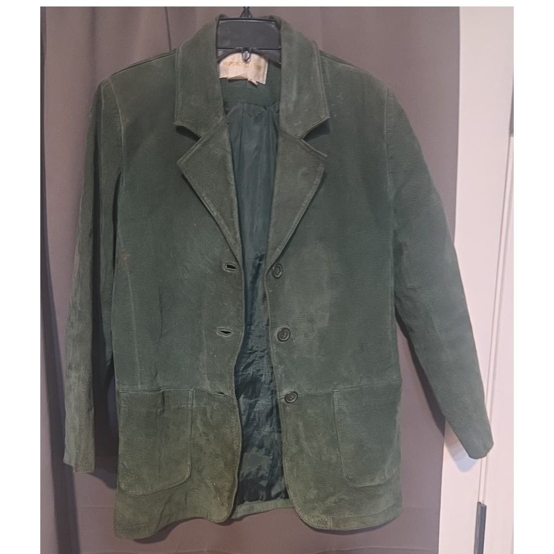 Margaret Godfrey Green Suede Leather Blazer, Vintage 6P Jacket, Notched Lapel - Thumbnail 3