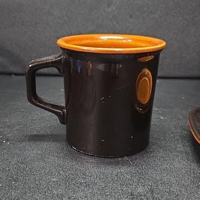Sears Ironstone Coffee Cup & Saucer, Vintage Black and Amber Design Kitchenware - Thumbnail 4