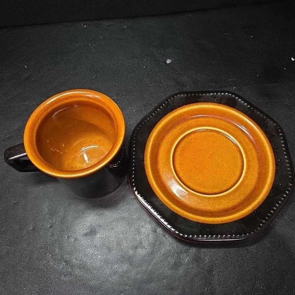 Sears Ironstone Coffee Cup & Saucer, Vintage Black and Amber Design Kitchenware - Thumbnail 8
