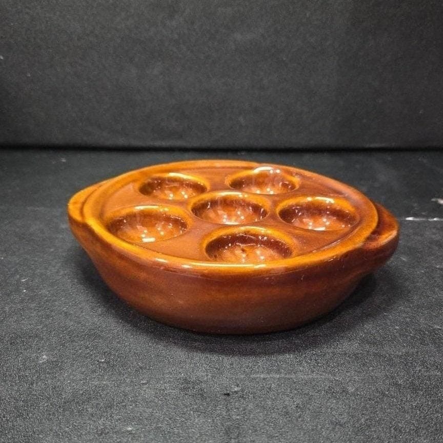 Brown Ceramic Escargot Plate, Vintage 6-Hole Serving Dish with Handles Tableware - Thumbnail 6