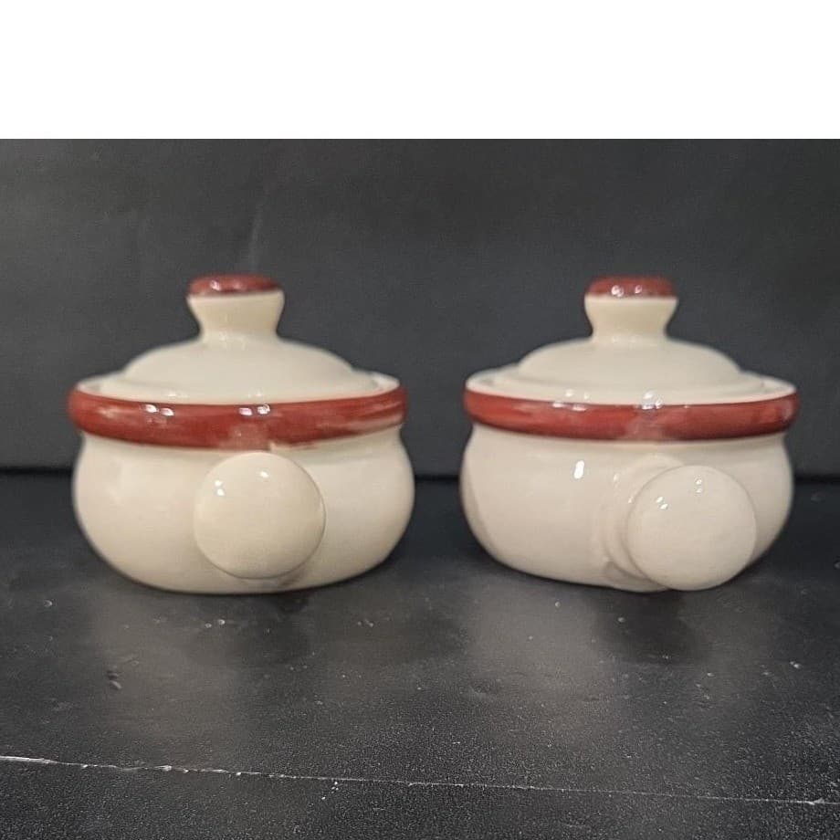 Ceramic Soup Bowls With Handles & Lids, Set of 2, Replacement Cream/Brown Crocks - Thumbnail 5