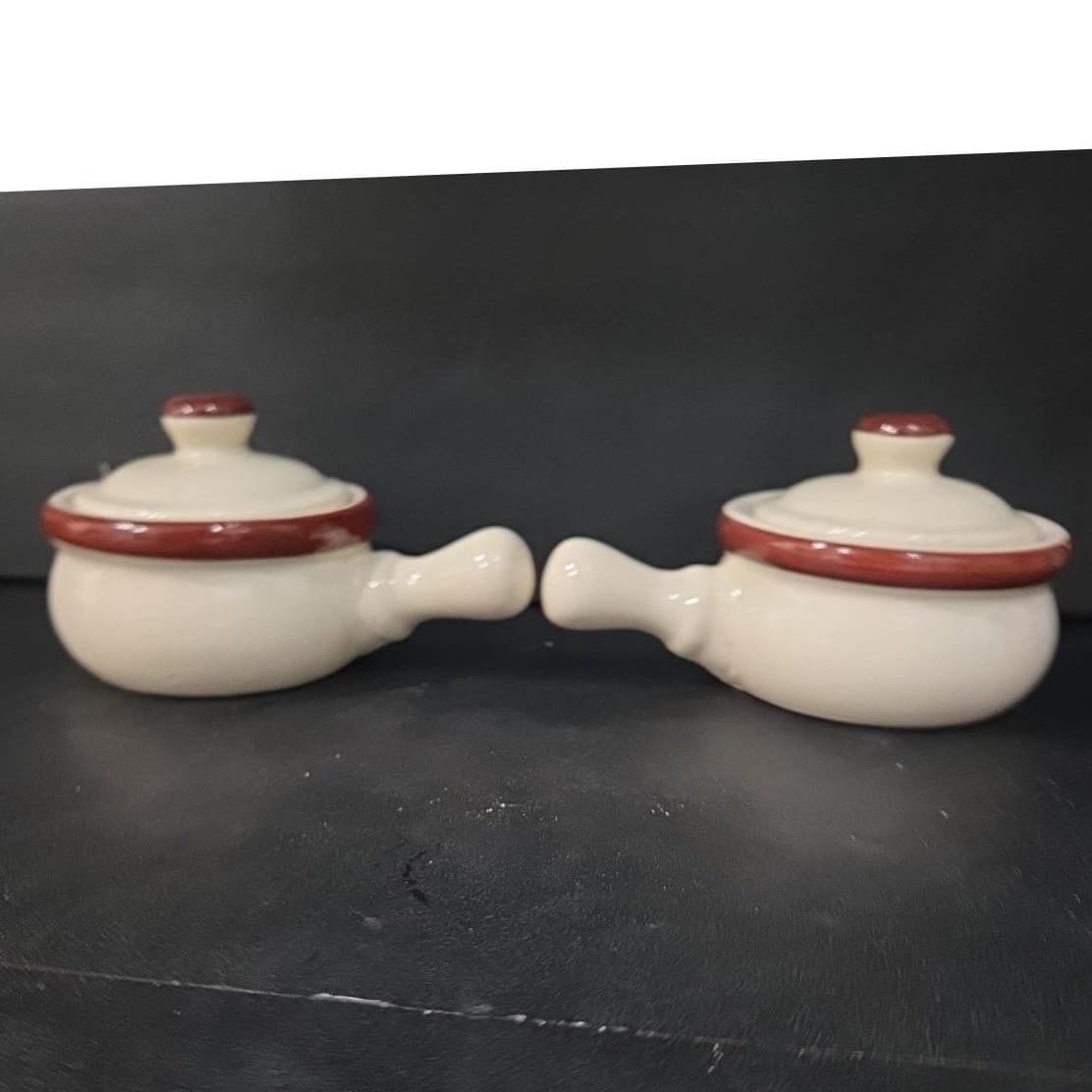 Ceramic Soup Bowls With Handles & Lids, Set of 2, Replacement Cream/Brown Crocks - Thumbnail 2