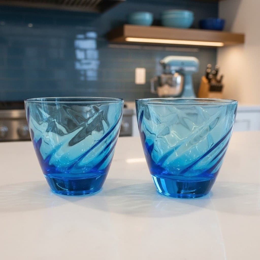 Blue Swirl Design Glass Lowball Tumblers, Set of 2 Vintage Old Fashioned Glasses