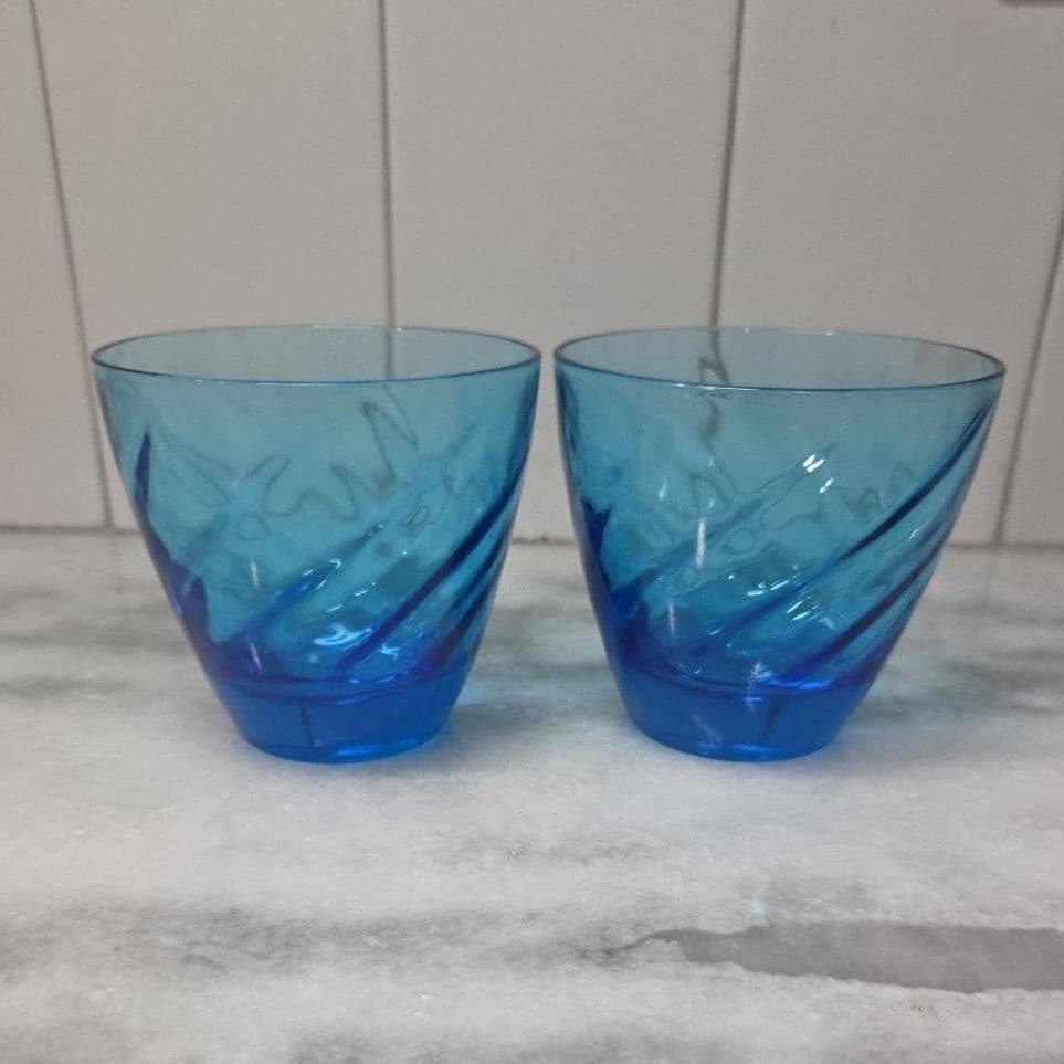Blue Swirl Design Glass Lowball Tumblers, Set of 2 Vintage Old Fashioned Glasses - Thumbnail 5