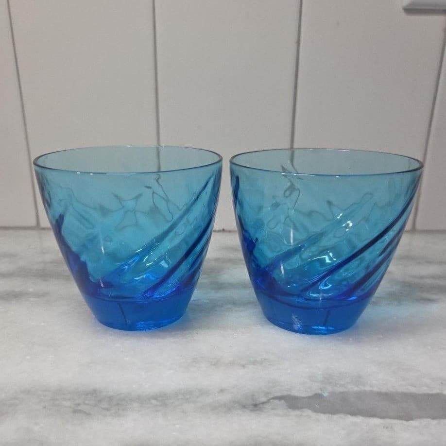 Blue Swirl Design Glass Lowball Tumblers, Set of 2 Vintage Old Fashioned Glasses - Thumbnail 3