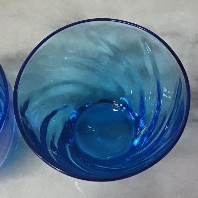 Blue Swirl Design Glass Lowball Tumblers, Set of 2 Vintage Old Fashioned Glasses - Thumbnail 6
