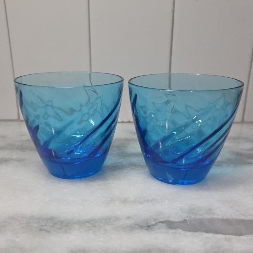 Blue Swirl Design Glass Lowball Tumblers, Set of 2 Vintage Old Fashioned Glasses - Thumbnail 2