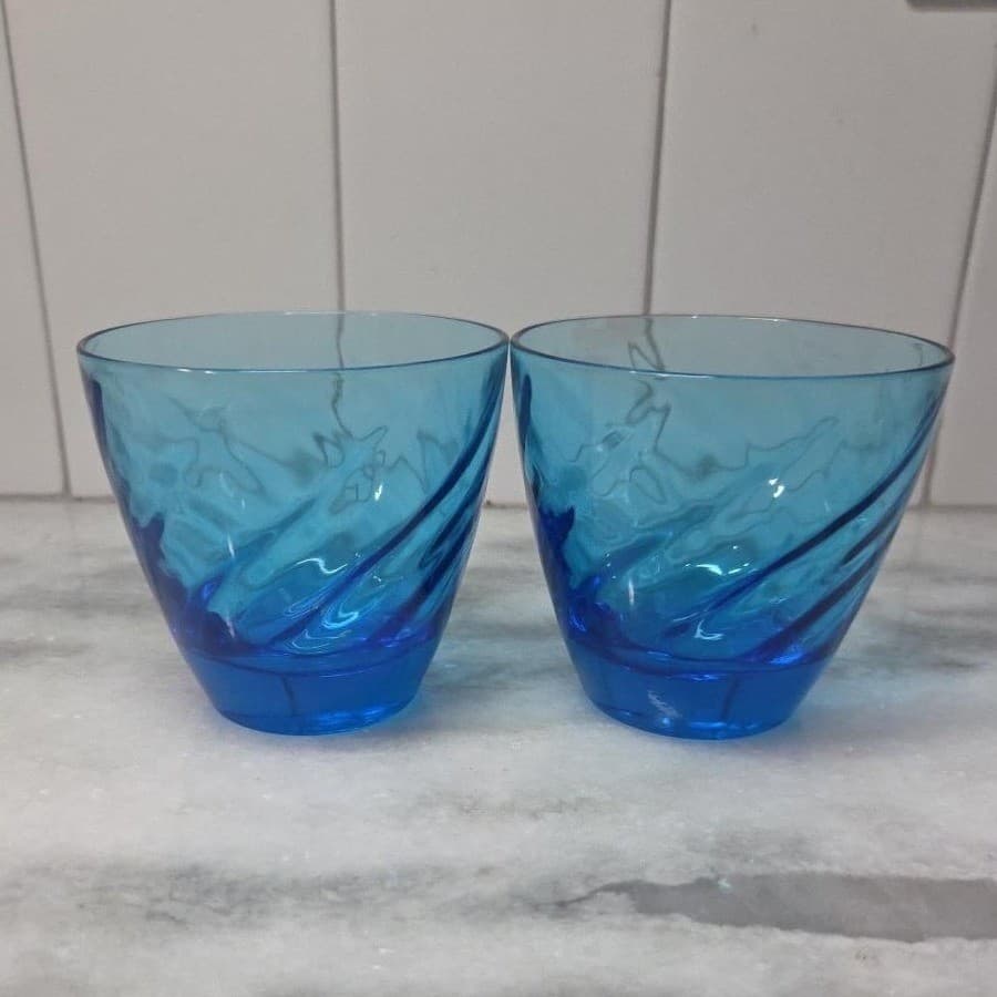 Blue Swirl Design Glass Lowball Tumblers, Set of 2 Vintage Old Fashioned Glasses - Thumbnail 4
