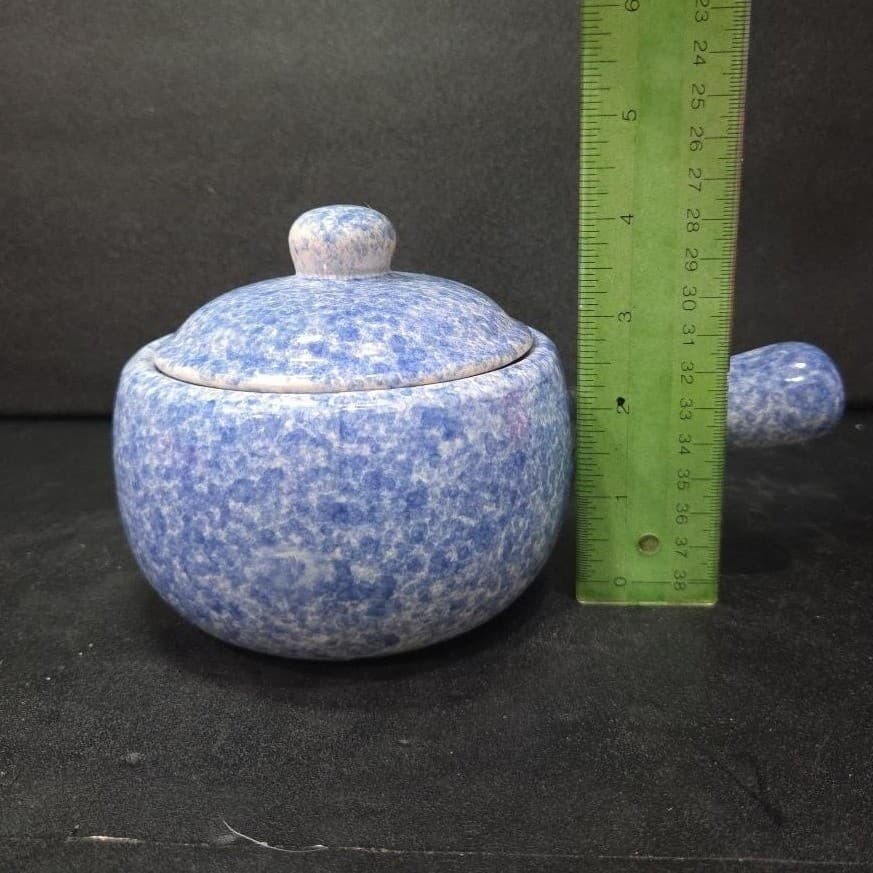 Stoneware Individual Serving Soup Tureen, Blue Speckled Spongeware Crock Pot - Thumbnail 11