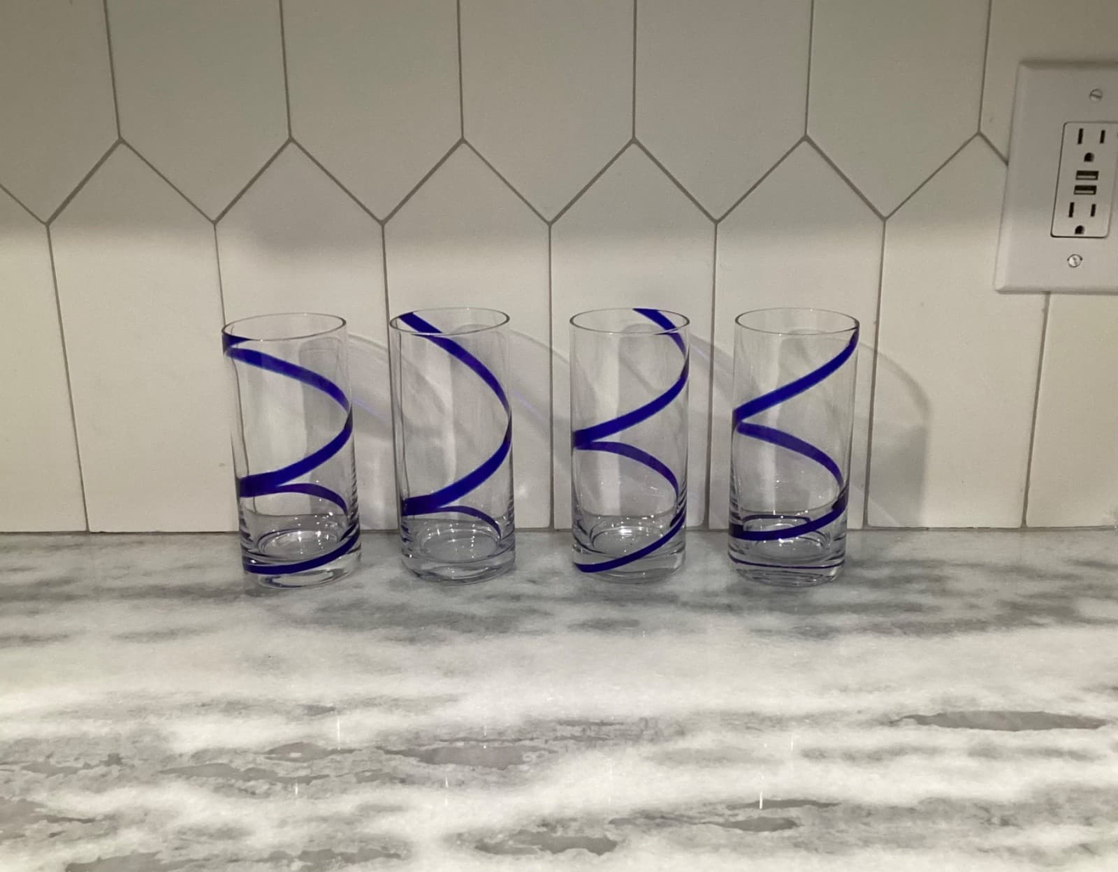 Pier 1 Blue Swirl Line Highball Glasses Tumblers Cobalt Blue Swirl Set of 4 - Thumbnail 8
