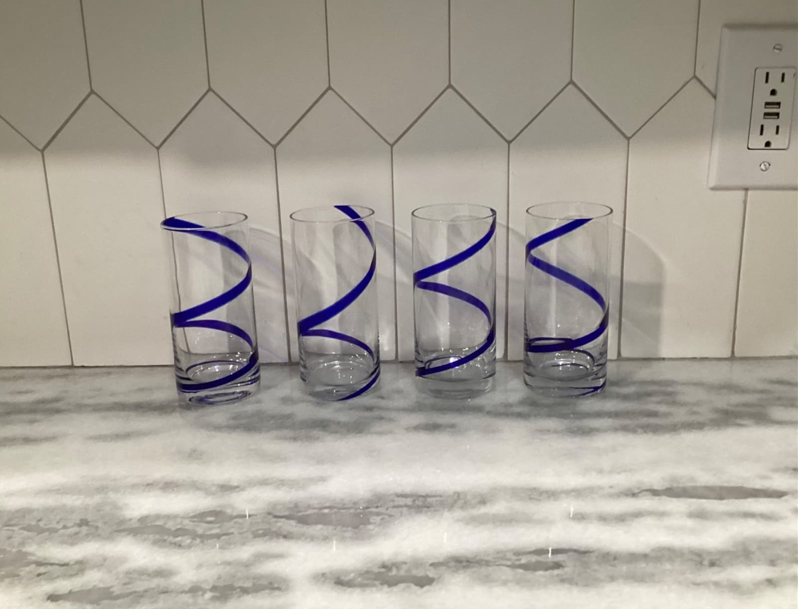Pier 1 Blue Swirl Line Highball Glasses Tumblers Cobalt Blue Swirl Set of 4 - Thumbnail 7