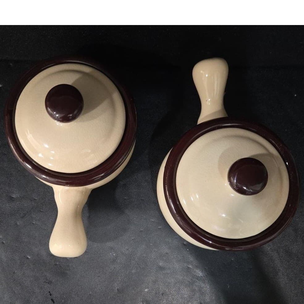 Ceramic Soup Bowls With Handles & Lids, Set of 2, Vtg Cream/ Dark Brown Crocks - Thumbnail 6