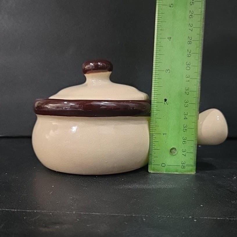 Ceramic Soup Bowls With Handles & Lids, Set of 2, Vtg Cream/ Dark Brown Crocks - Thumbnail 11