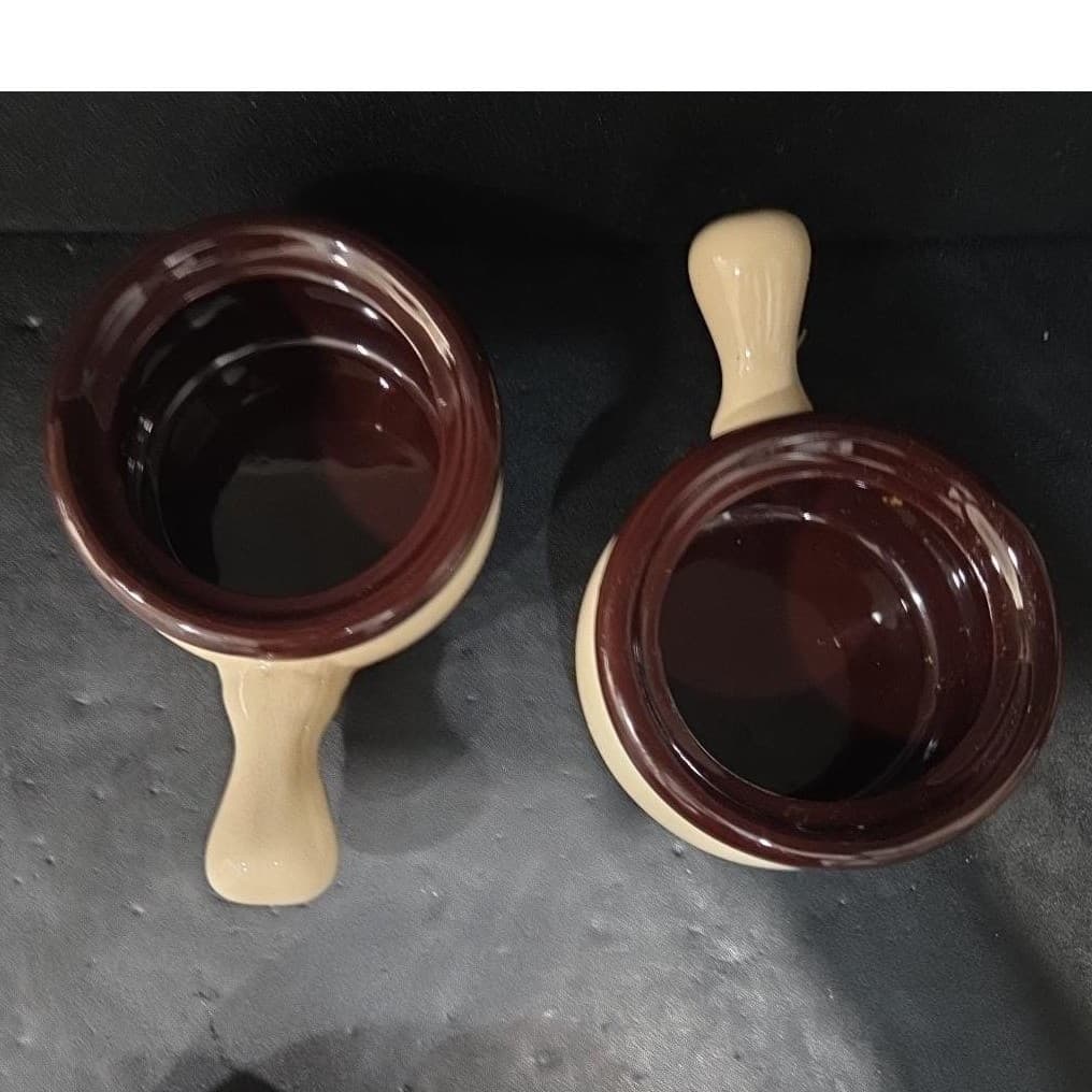 Ceramic Soup Bowls With Handles & Lids, Set of 2, Vtg Cream/ Dark Brown Crocks - Thumbnail 8