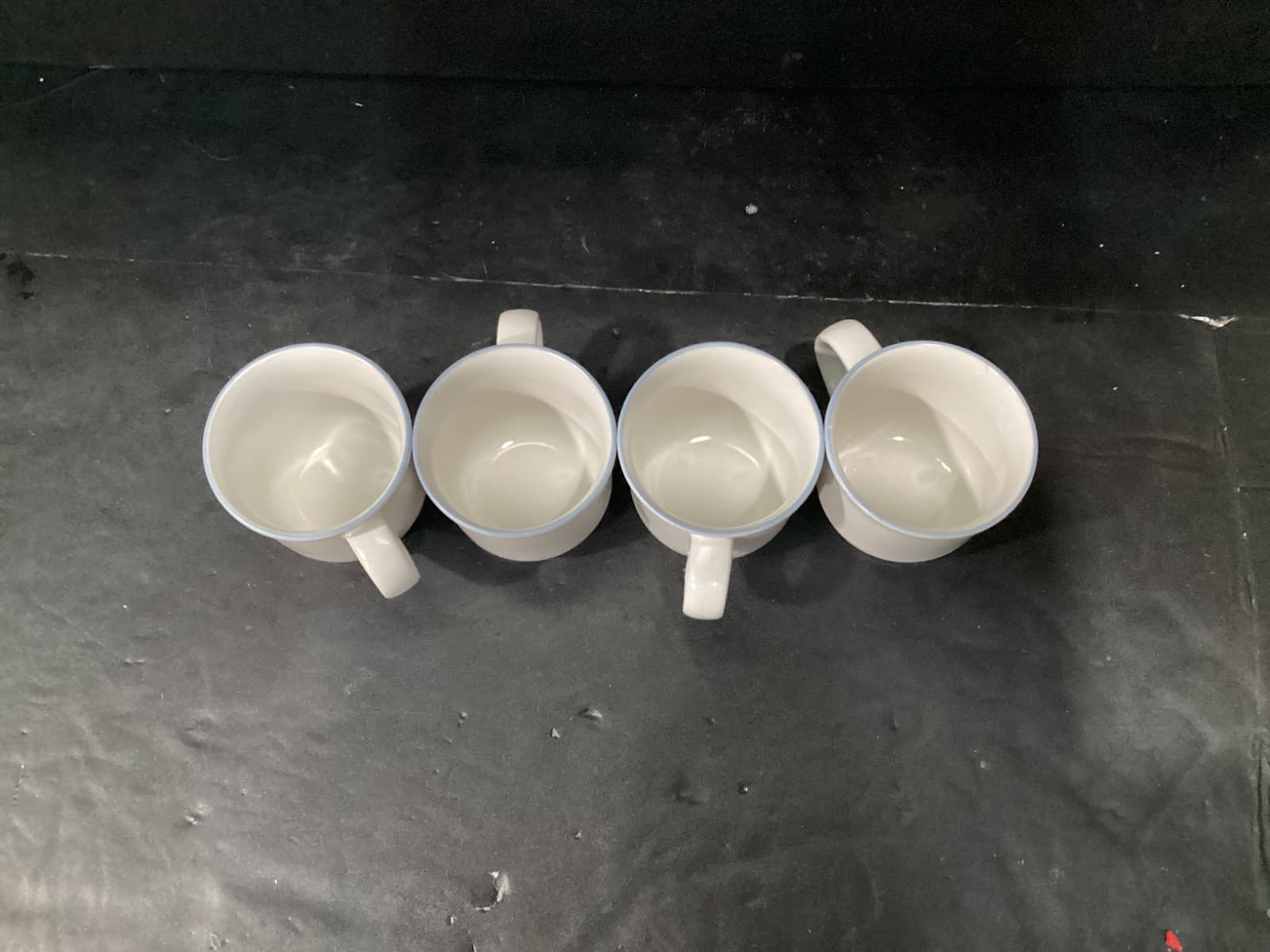 VTG Chantilly Fleur de Lune 4 Coffee Cups White Stoneware Mugs Japan Blue Rim - Thumbnail 2
