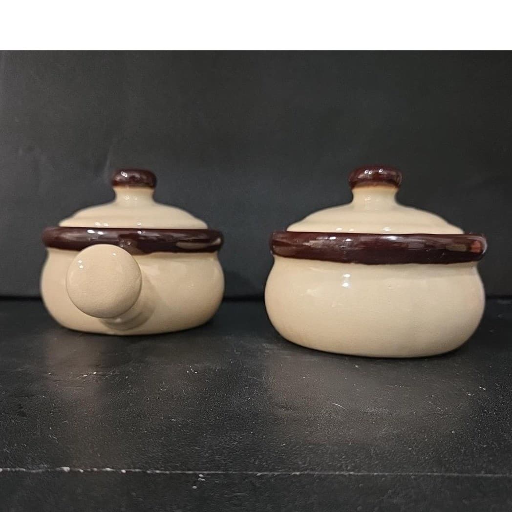 Ceramic Soup Bowls With Handles & Lids, Set of 2, Vtg Cream/ Dark Brown Crocks - Thumbnail 5