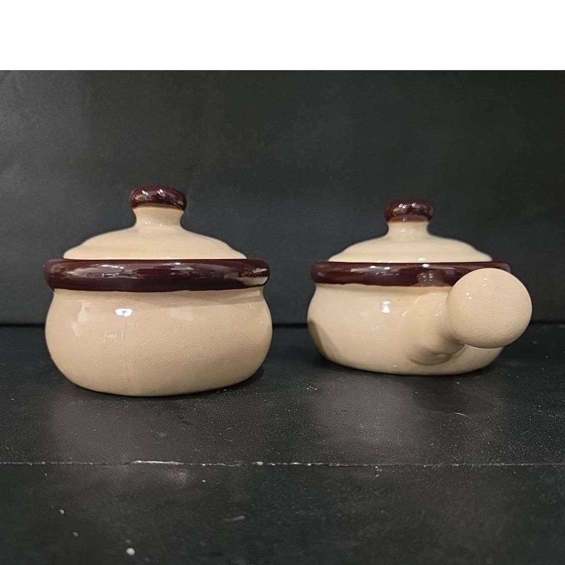 Ceramic Soup Bowls With Handles & Lids, Set of 2, Vtg Cream/ Dark Brown Crocks - Thumbnail 3