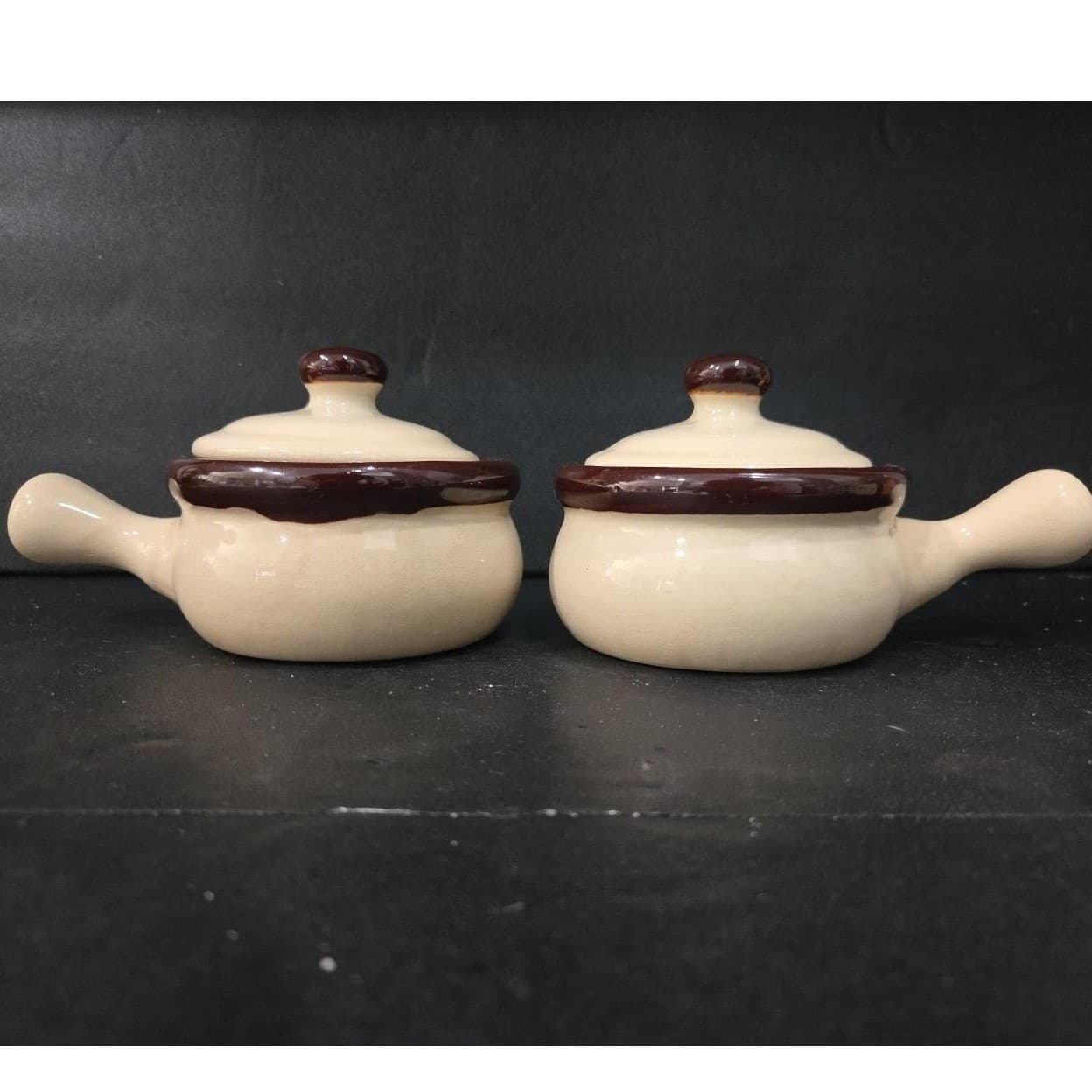 Ceramic Soup Bowls With Handles & Lids, Set of 2, Vtg Cream/ Dark Brown Crocks - Thumbnail 2