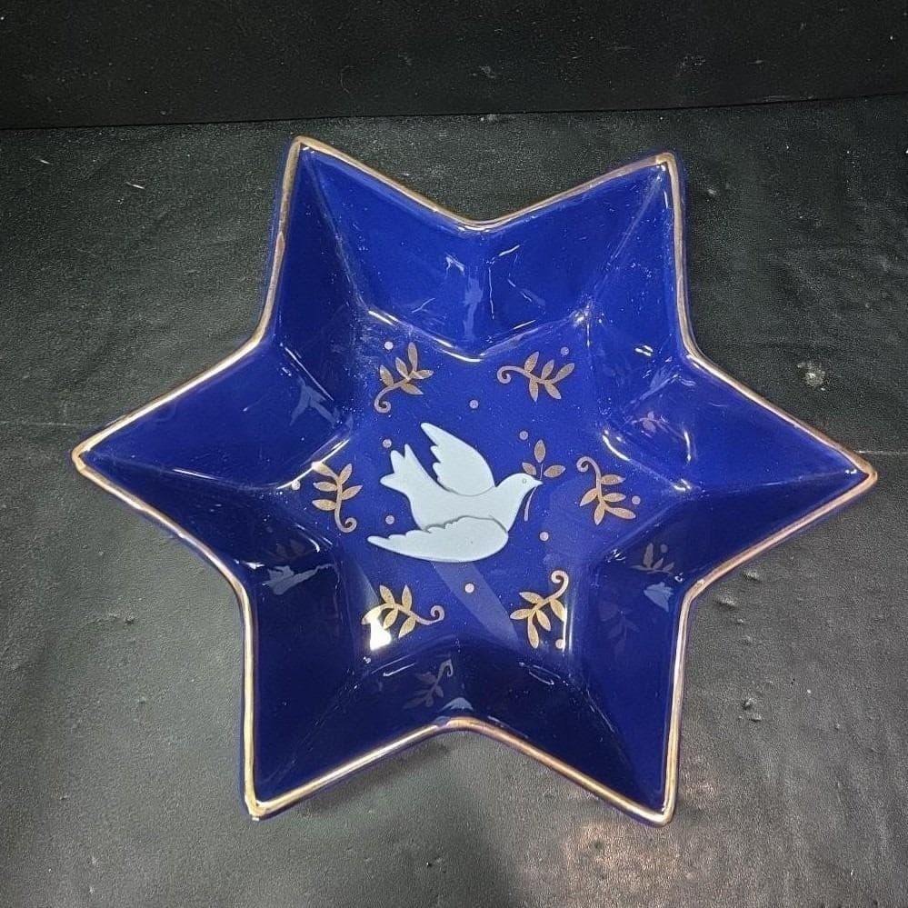 Palm Tree Co Hand-Painted Star Of David Bowl, Vintage Dove & Olive Branch Design - Thumbnail 7