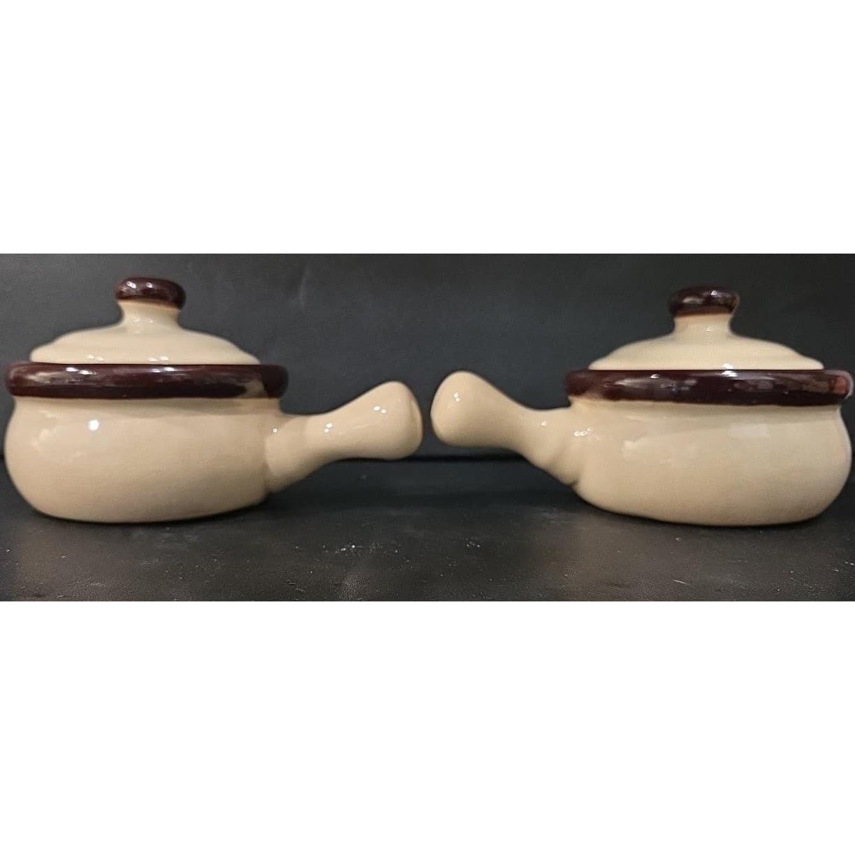 Ceramic Soup Bowls With Handles & Lids, Set of 2, Vtg Cream/ Dark Brown Crocks - Thumbnail 4